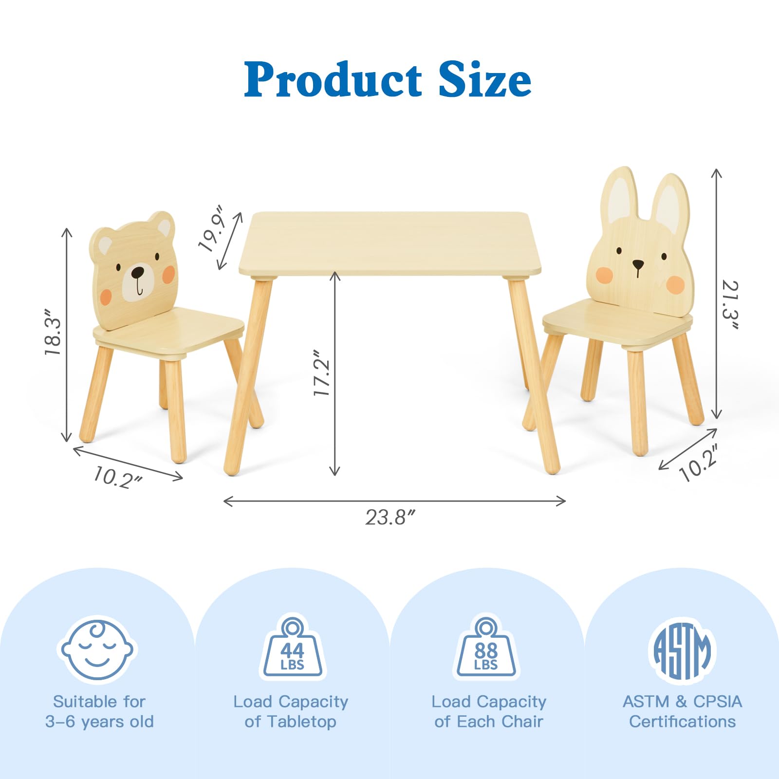 OOOK Wooden Kids Table and Chair Set - Waterproof Toddler Table with 2 Adorable Animal Chairs for Playroom, Preschool, and Home Learning Activities