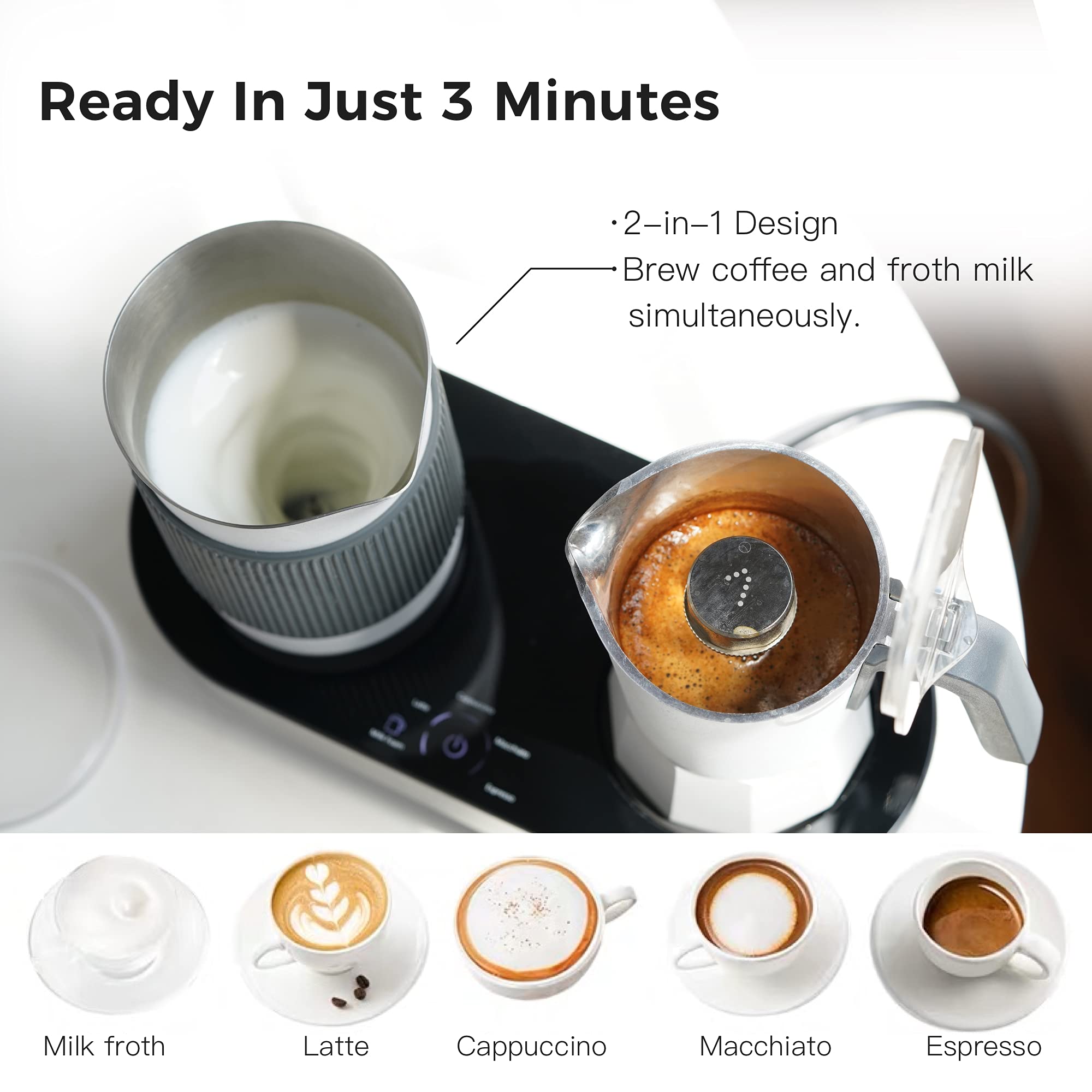 SEVEN&ME All-in-One Espresso Machine with Milk Frother - Electric Moka Pot for Latte, Cappuccino & Macchiato - One-Touch Smart Operation (8.66