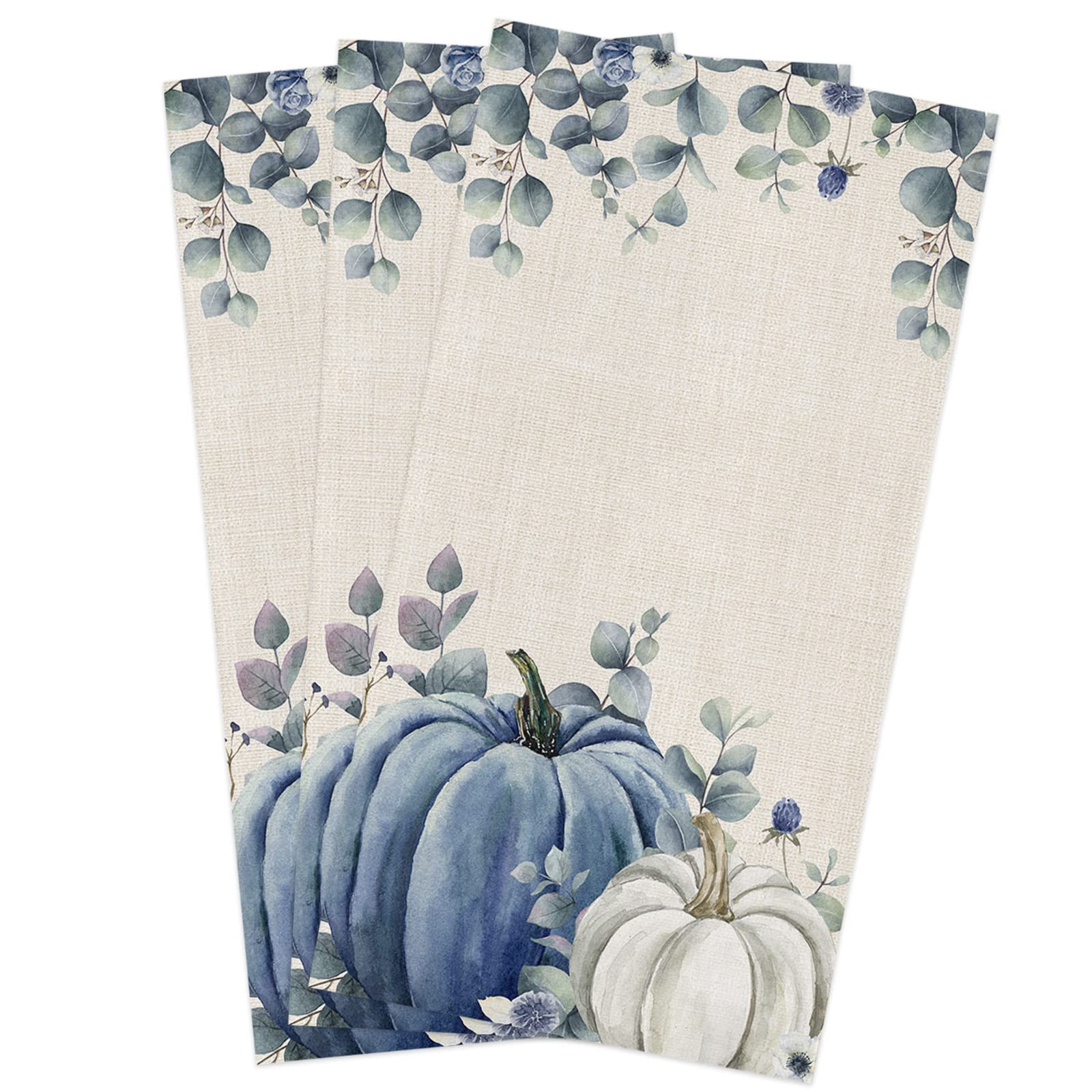 Fall Blue White Pumpkin Kitchen Dish Towels Set of 3 - Ultra Soft Lightweight Microfiber Absorbent Hand Towels with Leaves & Flowers Design - Perfect for Kitchen, Bathroom Cleaning & Thanksgiving Decor (18x28 Inches) - Ideal Gift for Home, Holiday Decorations & Seasonal Hostess Gifts