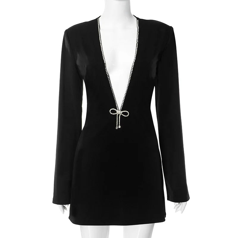 Sparkling Deep V-Neck Black Long Sleeve Evening Dress for Women - Elegant Slim Fit Party Clubwear with Diamond Details | Perfect for Night Out, Cocktail Party, Wedding Guest & Formal Events 2023