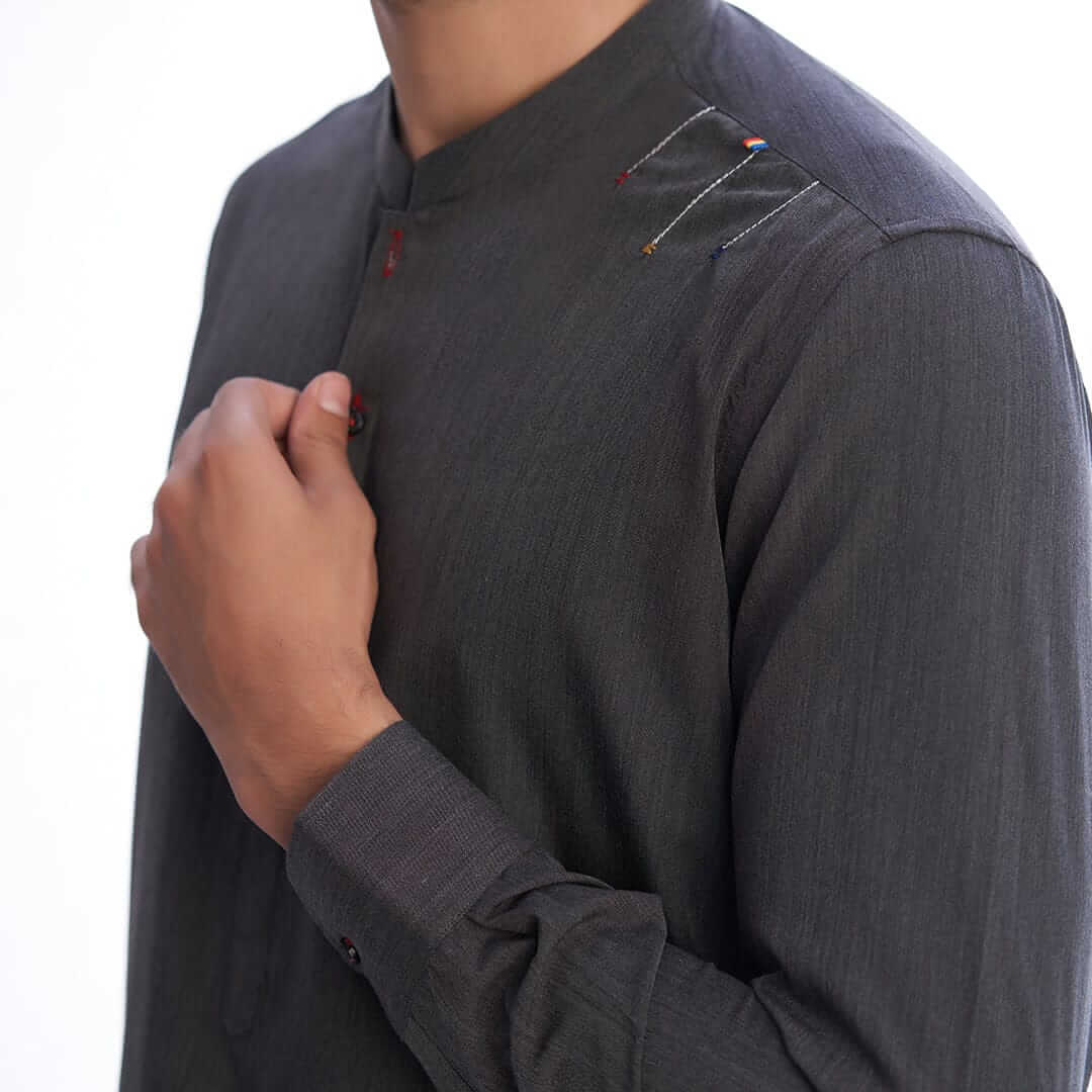 Elegant Dark Grey Textured Shalwar Kameez - Traditional Pakistani Outfit for Men - Perfect for Weddings, Festivals & Special Occasions