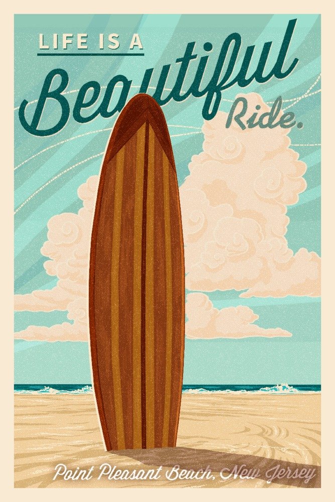 Point Pleasant Beach New Jersey Surfboard Letterpress Art Print - 36x54 Giclee Gallery Quality Travel Poster - Coastal Wall Decor for Beach House, Living Room & Office