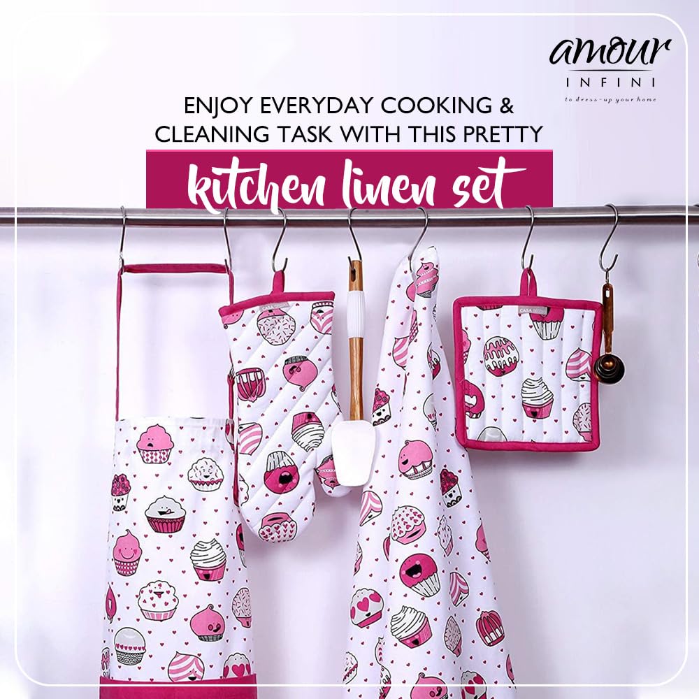 AMOUR INFINI 5-Piece Kitchen Set - Apron, 2 Towels, Oven Mitt & Pot Holder with Valentine Cupcake Design - Perfect for Baking, BBQ, Grilling & Kitchen Decor