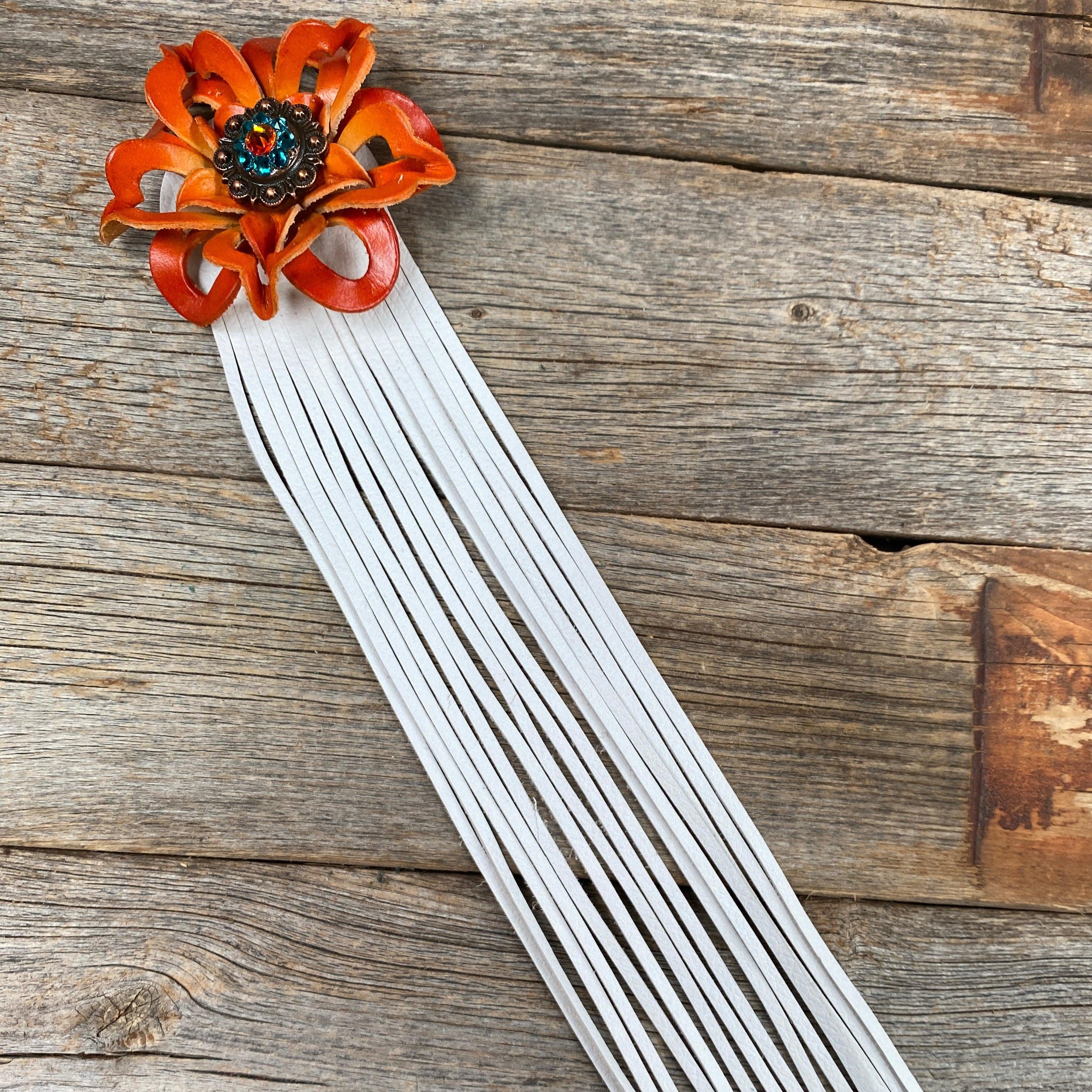 Handmade Orange Leather Lotus Flower with White Fringe - Boho Home Decor for Wall Hanging, Wedding, Festival & Room Decoration