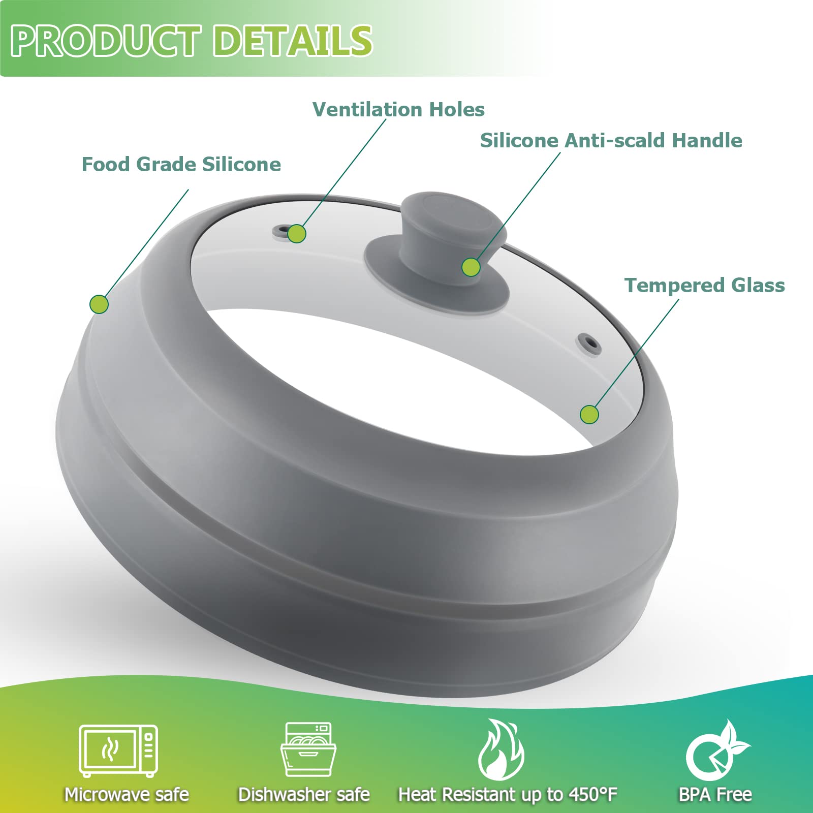 BPA-Free Glass Microwave Splatter Cover - 10.5 Inch Foldable Microwave Plate Cover & Silicone Splash Guard for Food - Perfect for Reheating, Cooking, and Preventing Messes in Microwave Ovens