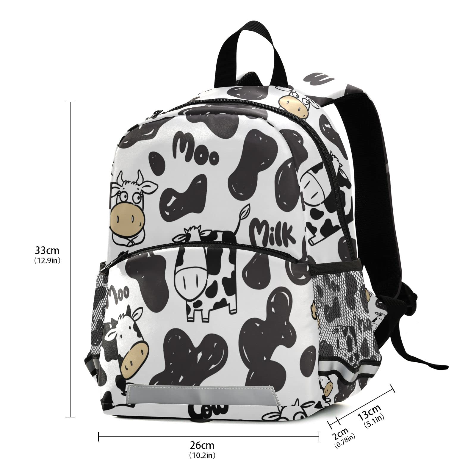 QUGRL Black & White Cow Print Kids Toddler Backpack with Adjustable Leash Harness - Cute Milk Themed Kindergarten School Bag for Preschool Boys & Girls Ages 3-8 - Perfect for Daycare, Travel & Outdoor Adventures