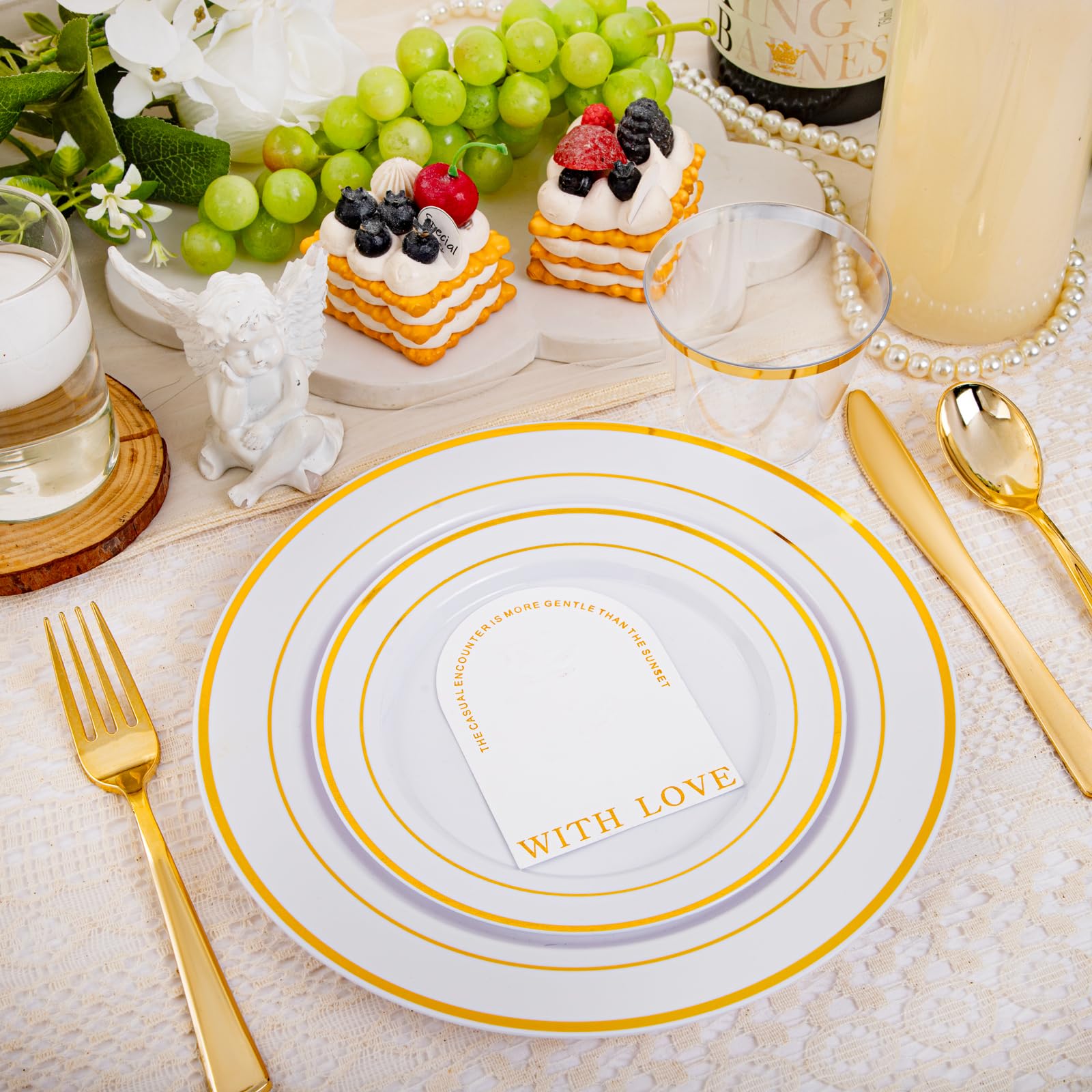 150-Piece Gold Plastic Dinnerware Set Disposable - Heavy Duty Gold Plates, Forks, Knives, Spoons & Cups for 25 Guests | Includes 25 Dinner Plates, 25 Dessert Plates, 25 Forks, 25 Knives, 25 Spoons & 25 Cups | Perfect for Parties, Weddings, BBQs & Events