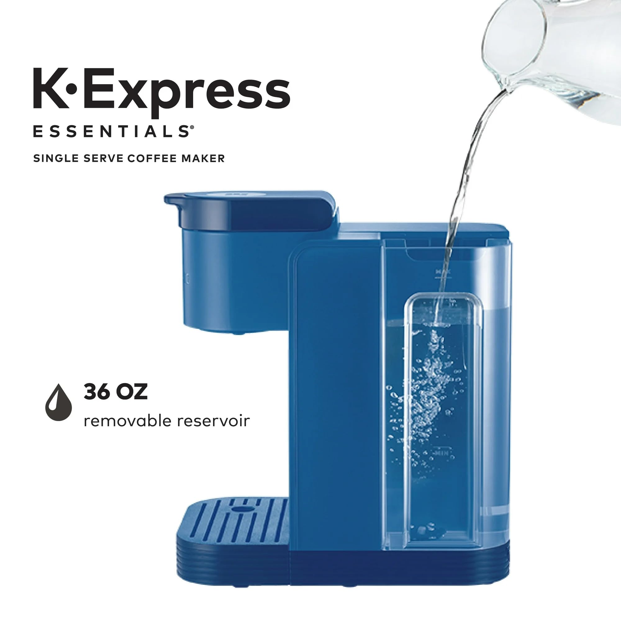 **K-Express Essentials Single Serve Coffee Maker - Compact K-Cup Pod Machine with 36 oz Water Reservoir, Fast Brewing & Travel Mug Compatible - Perfect for Home, Office & Travel (Navy Blue)**    *(Use Cases: Enjoy fresh coffee at home, in small offices, dorm rooms, or while traveling with this portable and space-saving coffee maker.)*