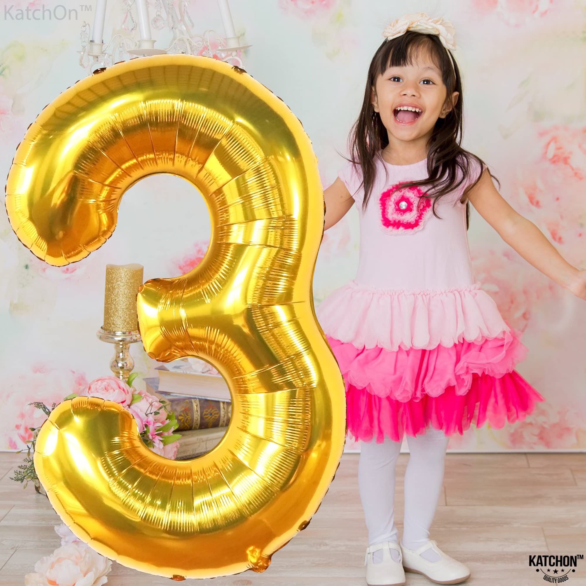 KatchOn 40 Inch Giant Gold Number 3 Balloon - Large Foil 3 Shaped Balloon for 3rd Birthday Party Decorations, Anniversary Celebrations, Baby Showers & Gender Reveals - Perfect for Boys Birthday, 3 Year Old Party Decor & Photo Backdrops