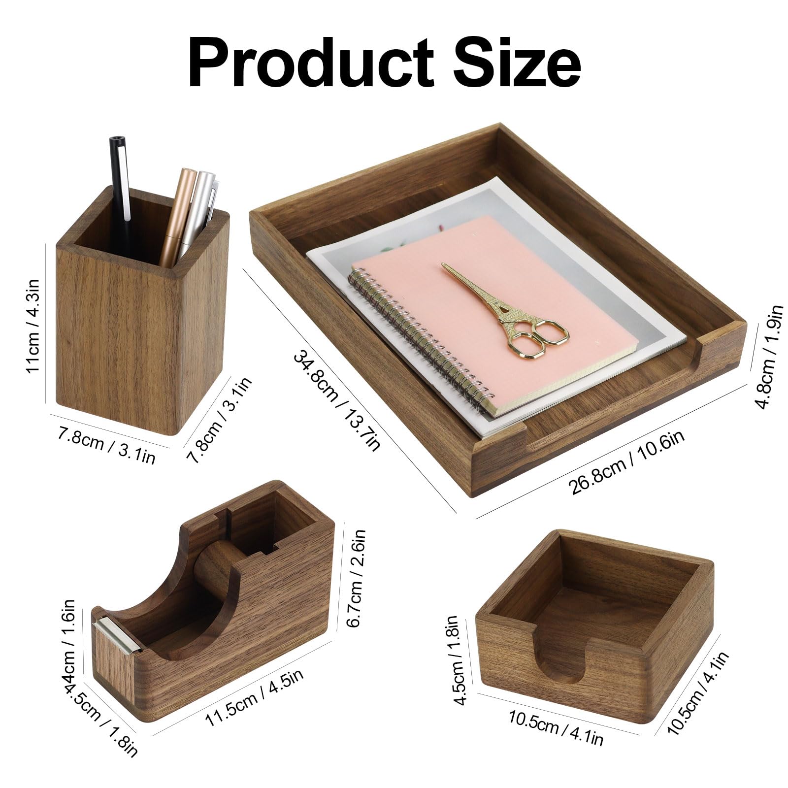Premium Walnut Wood Desk Organizer Set - 4-Piece Office Accessories with Letter Tray, Pen Holder, Sticky Note Holder & Tape Dispenser for Home & Office Organization | Perfect for Workstation, Study Desk & Gift Idea