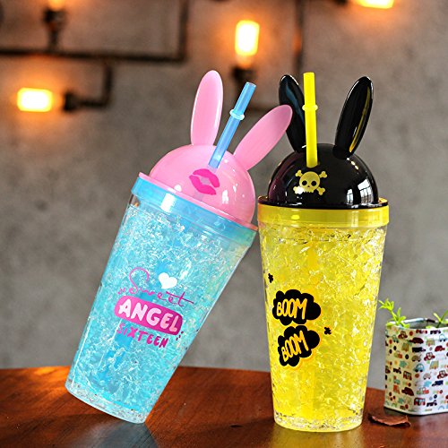Cute Bunny Travel Tumbler with Straw - 16oz Insulated Frosty Mug Water Bottle for Girls, Kids - Perfect for Picnic, Birthday Party, School, Camping & Outdoor Activities (White, 480ml)