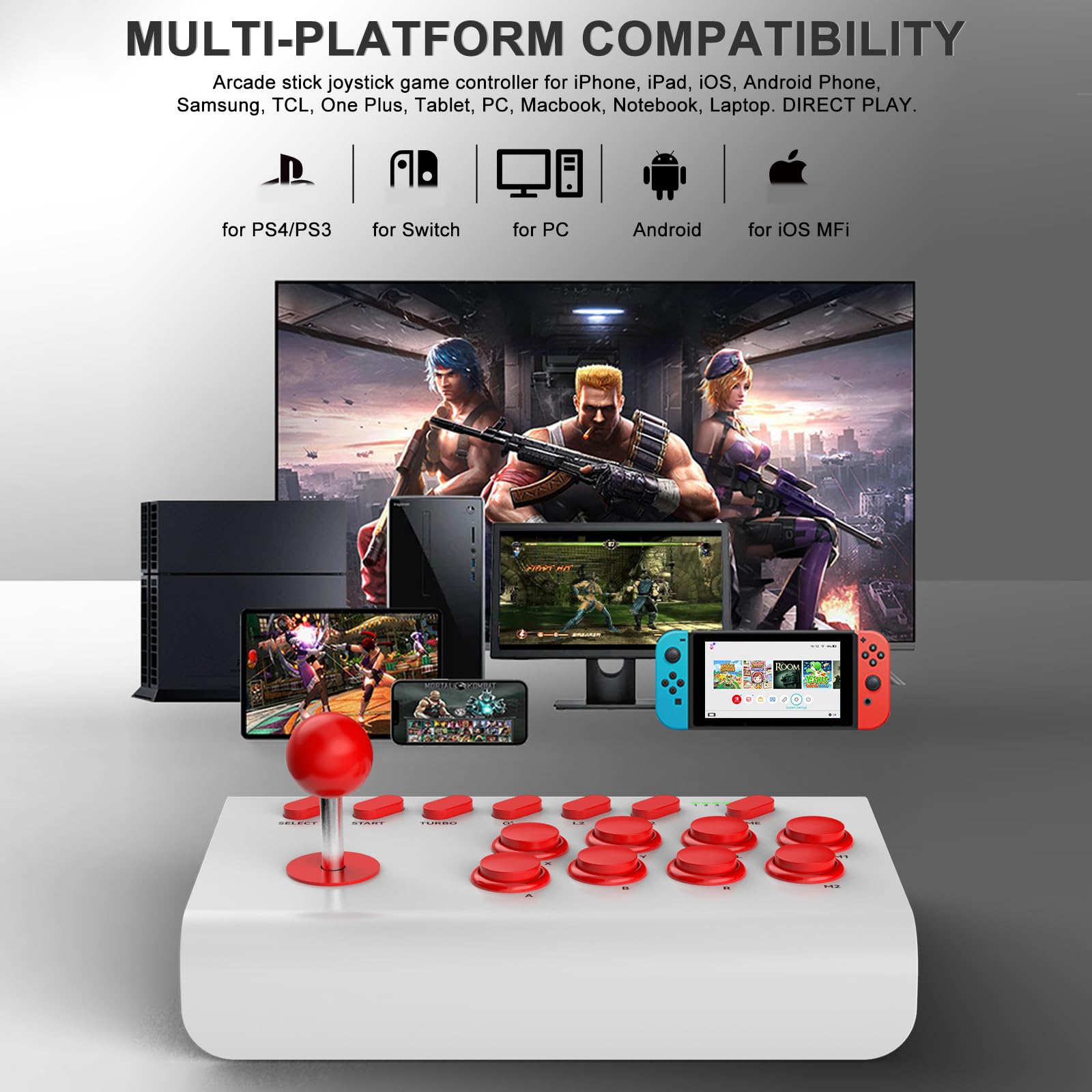 arVin Arcade Fight Stick Joystick - Universal Gaming Controller for Nintendo Switch, PS4, PS3, PC, iPhone, iPad & Android | Turbo & Macro Programming | Phone Holder Included | Perfect for Emulators, Cloud Gaming & NeoGeo Mini | Enhance Your Fighting Games & Retro Arcade Experience