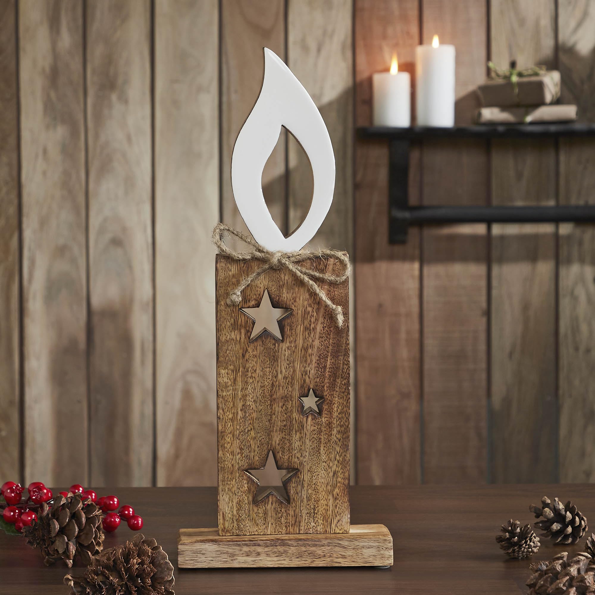 VHC Brands White Flame Natural Scented Candle with Stars & Wooden Figurine - 17x7x2 Inches - Perfect for Home Decor, Romantic Gifts & Relaxation