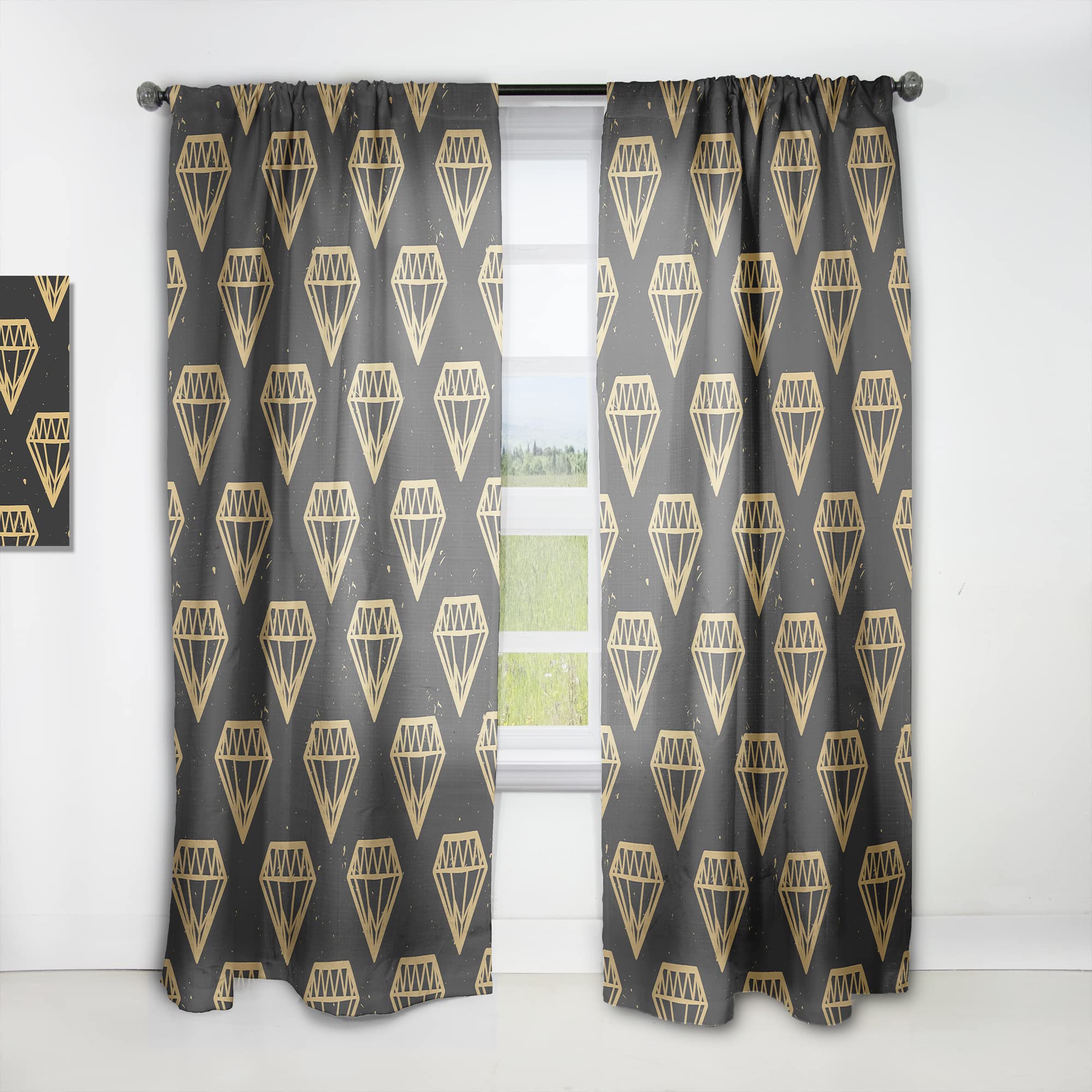 DesignQ Vintage Golden Diamond Thermal Insulated Curtains - Single Panel 52x63 Inch - Elegant Window Drapes for Bedroom & Living Room - Perfect for Home Decor & Light Control