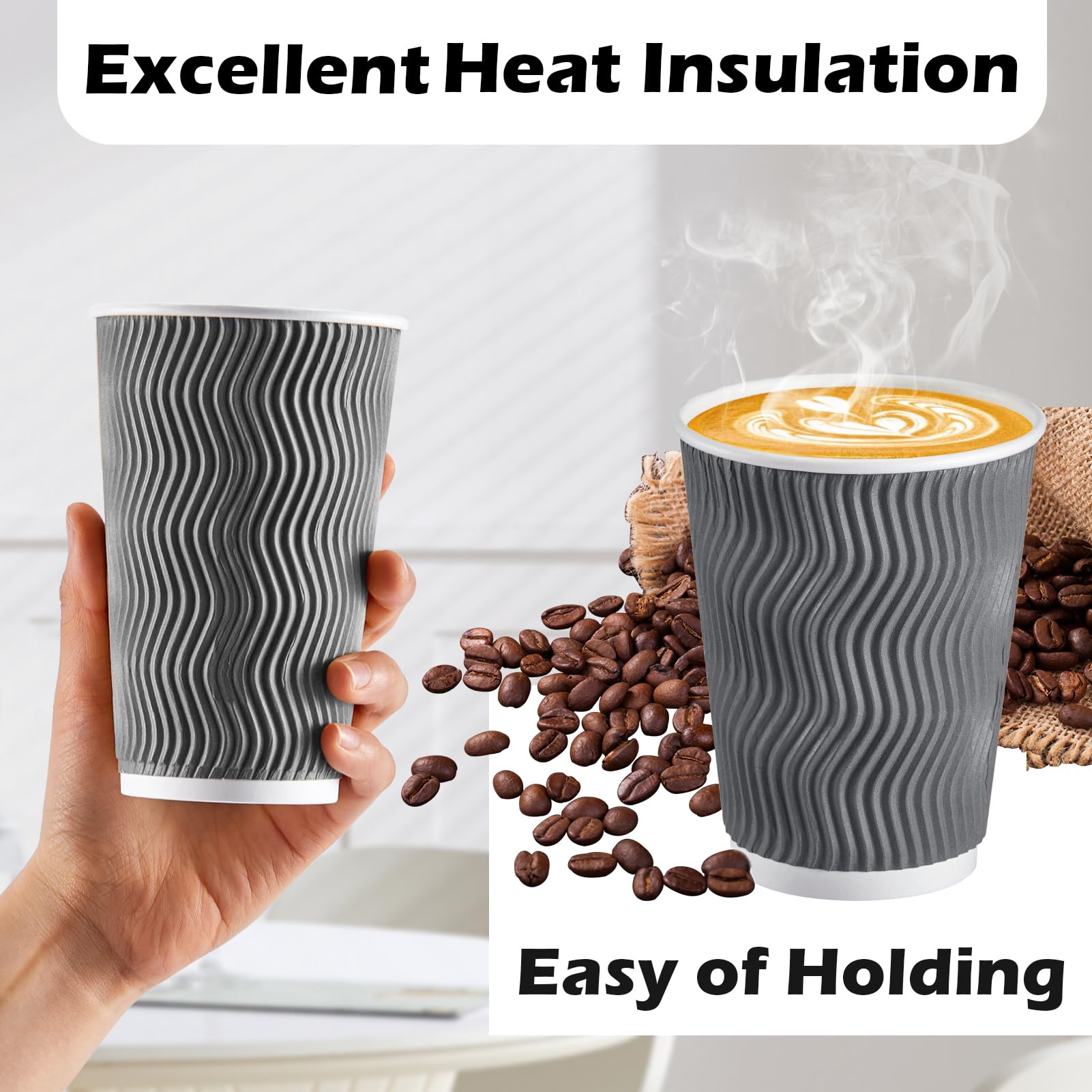 Lamosi 12 oz Insulated Disposable Coffee Cups - 50 Pack Grey Paper Cups, Corrugated Ripple Wall Design for Hot & Cold Drinks, Perfect for Office, Cafes, and Catering Events