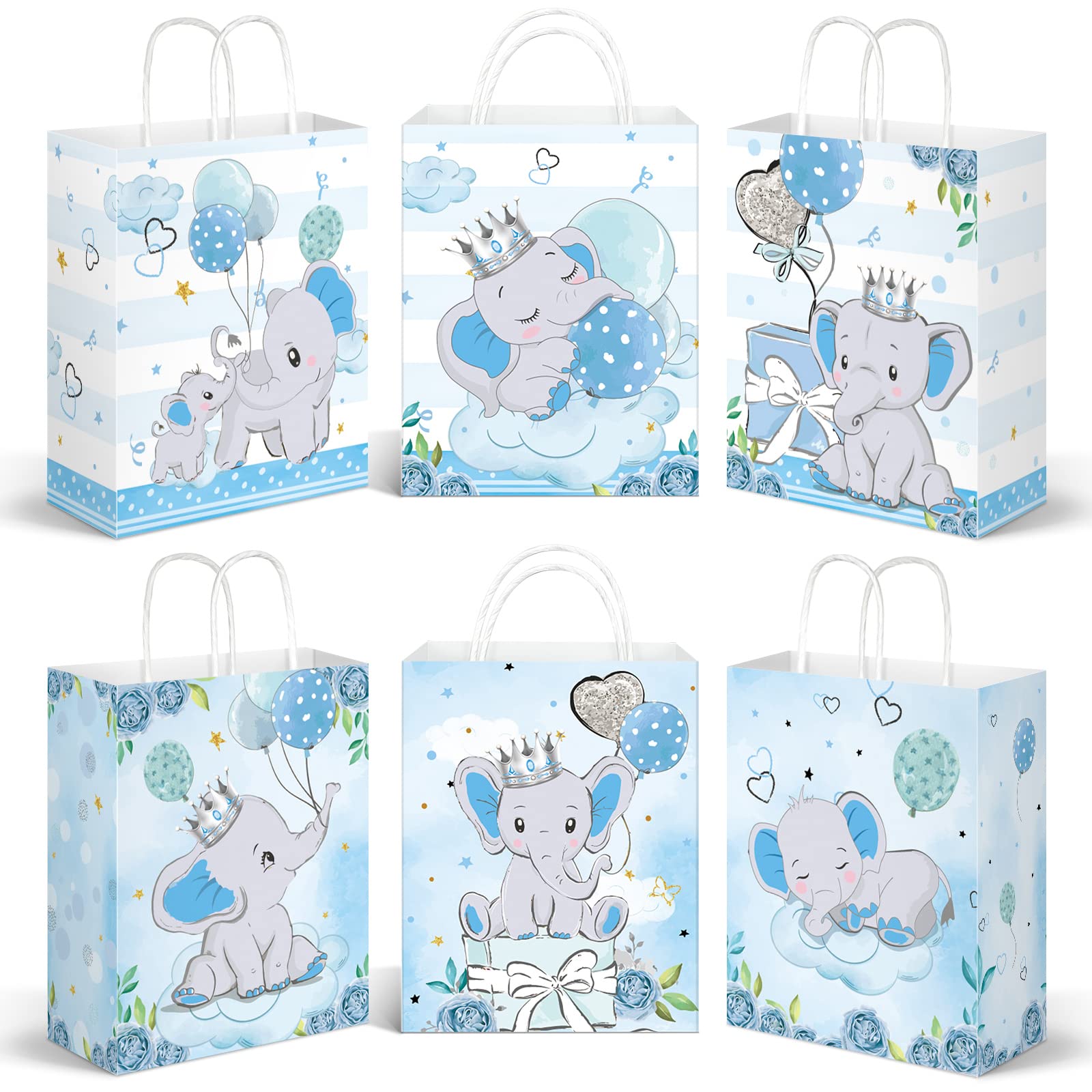 24 Pack Elephant Themed Baby Shower Favor Bags - Cute Animal Print Treat Bags for Birthday Parties, Baby Showers & Gender Reveals - Perfect for Candy, Gifts & Party Decor (Blue) - Great for New Parents, Kids & Sprinkle Themed Celebrations