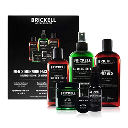 Brickell Men's Morning Face Care Routine Set - Clarifying Gel Face Wash, Alcohol-Free Toner, Exfoliating Scrub, Eye Cream, Vitamin C Serum & Daily Moisturizer - Natural Organic Skincare for Men - Perfect for Daily Grooming & Anti-Aging Routine