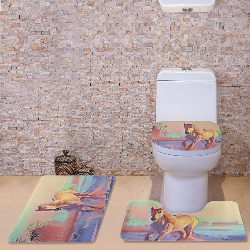 Xhuibop U-Shaped Toilet Carpet Set - 3-Piece Absorbent Bathroom Floor Mat with Horse Design, Non-Slip Bath Rug & Toilet Lid Cover for Home Decor | Perfect for Bathroom Safety and Style