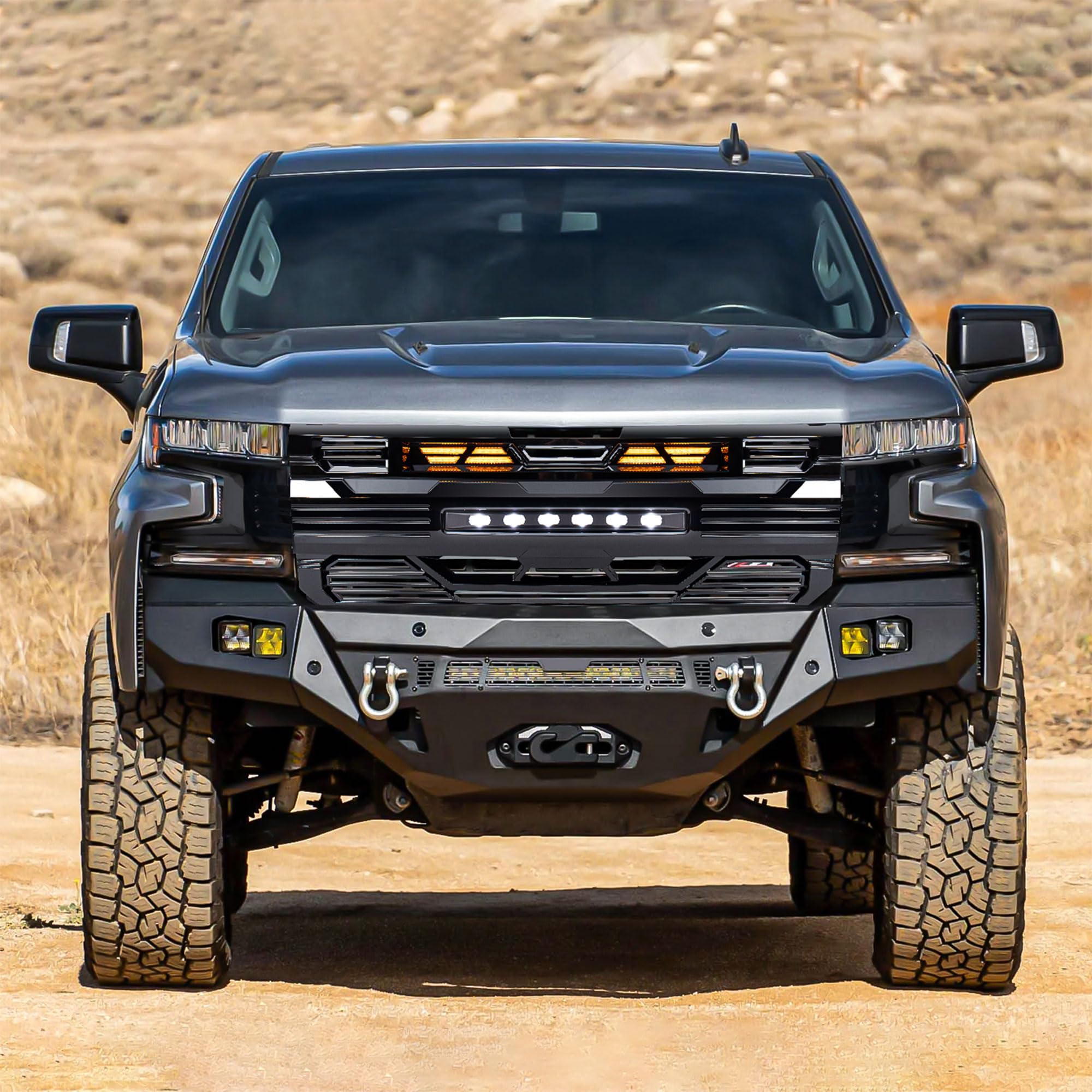 19-21 Chevy Silverado 1500 LED Armor Grille with Off-Road Lights - Glossy Black | Durable Front Bumper Protection for Off-Roading & Night Driving