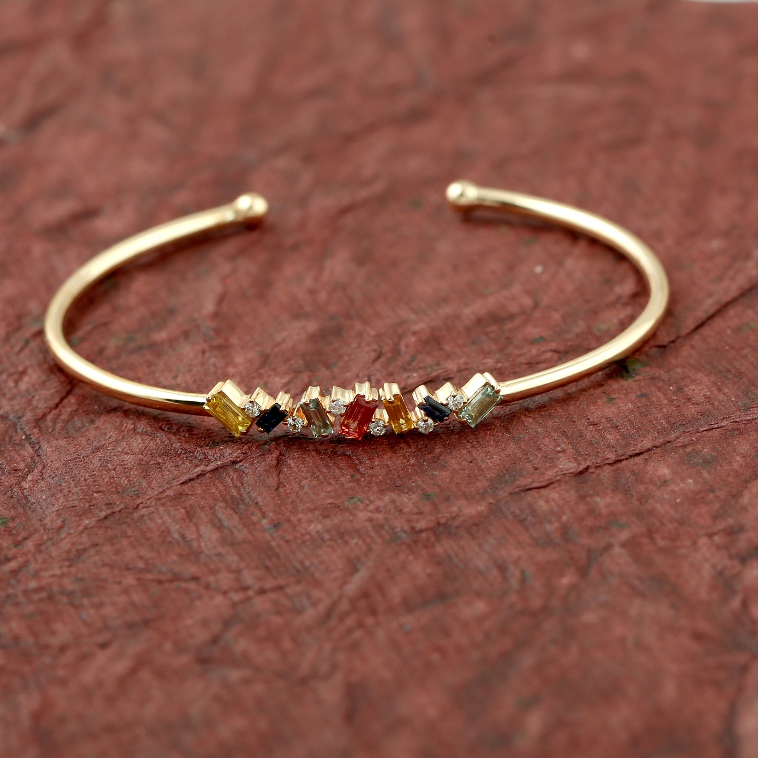 18K Rose Gold Baguette Multi Sapphire Prong Diamond Cuff Bangle Bracelet for Women - Elegant Jewelry Gift for Anniversary, Wedding & Special Occasions