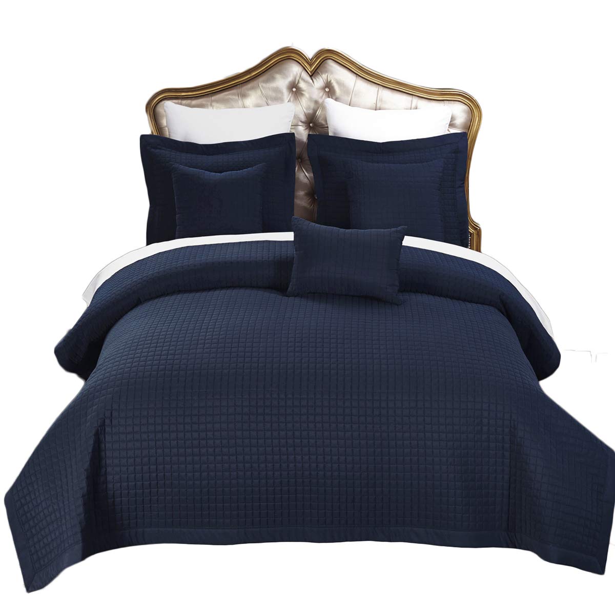Royal Hotel 5-Piece Bedding Set - Twin XL Navy Checkered Quilt, Bedspread, Sheets & Coverlet | Luxury Bed in a Bag for Guest Rooms, Dorms & Cozy Bedrooms