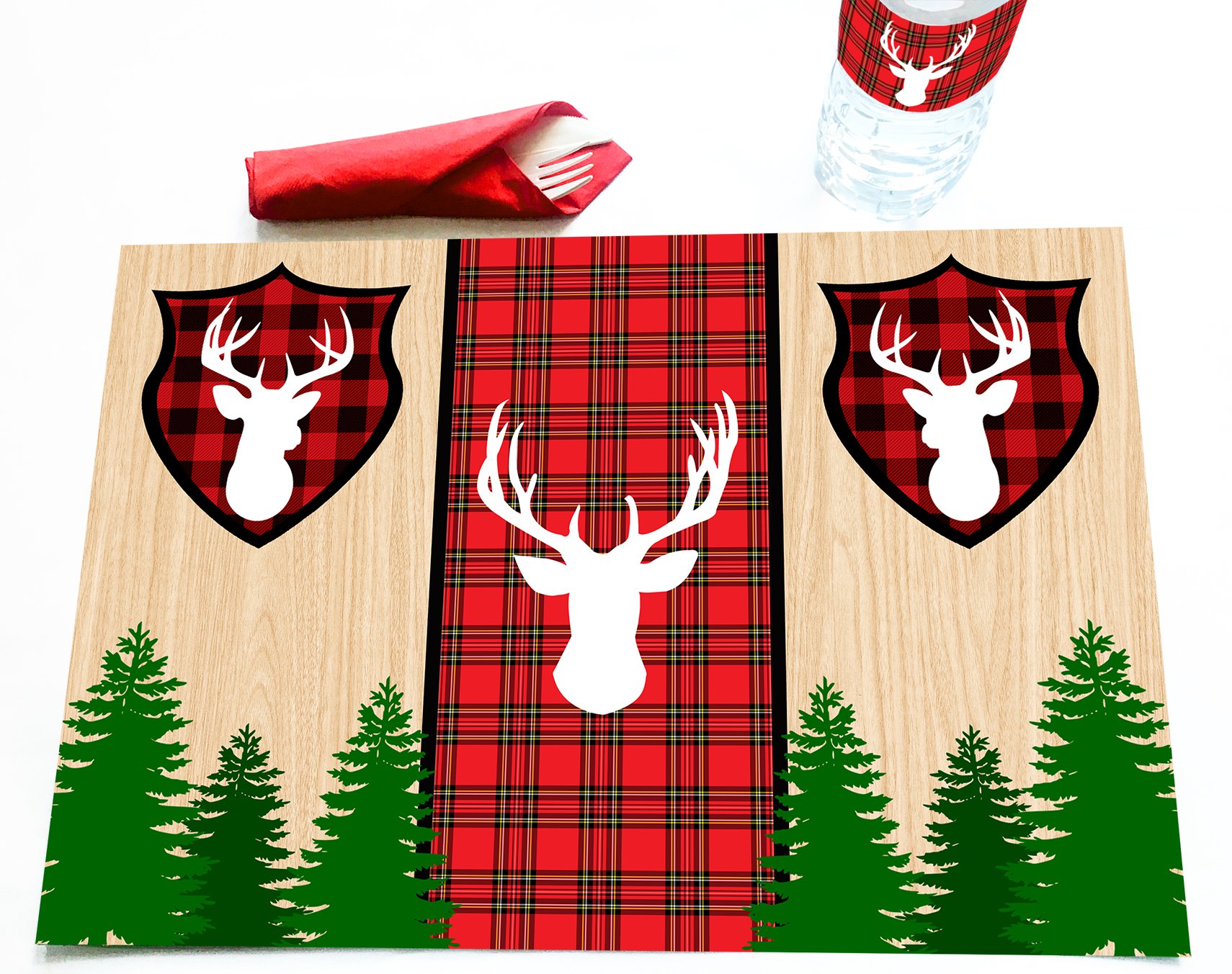 Lumberjack Woodland Reindeer 12-Piece Placemat Set - Rustic Christmas Table Decor for Holiday Parties & Cozy Cabin Dining