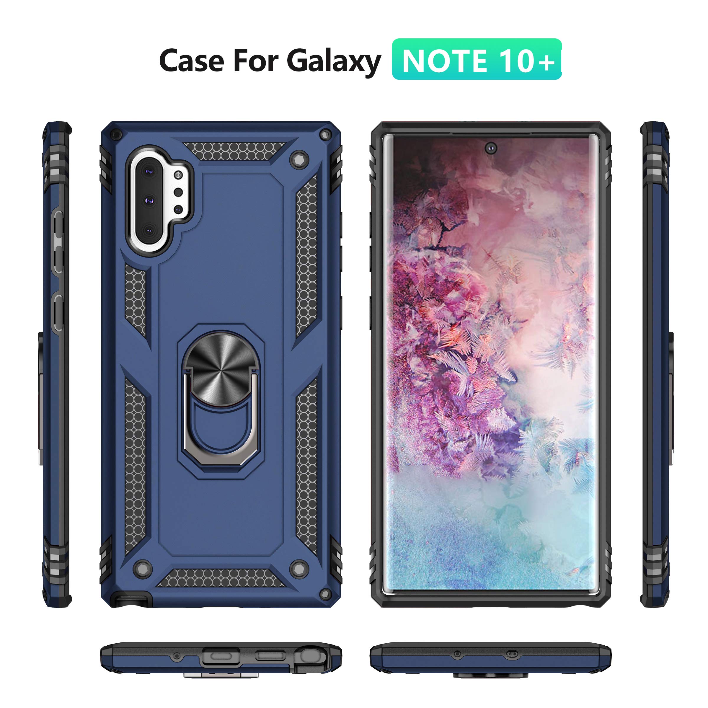 Samsung Galaxy Note 10 Plus Case with HD Screen Protector - Military-Grade Shockproof Cover with Metal Ring Holder Stand | Drop Tested Protection for Note 10+/5G (Blue) | Perfect for Work, Travel & Outdoor Activities