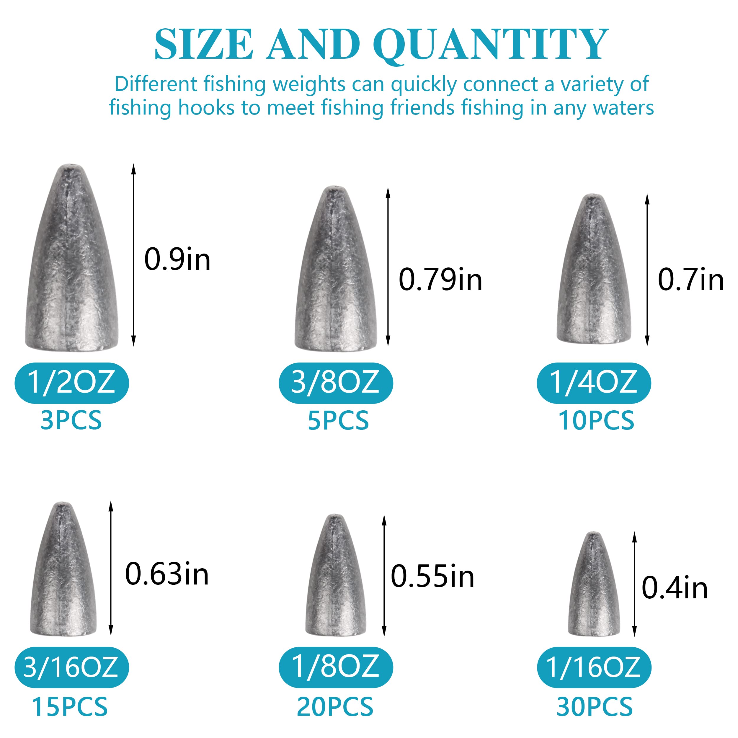OROOTL 83pcs Bullet Fishing Sinkers Weights Kit - Worm Weights Set for Bass Fishing, Texas Rigs & Carolina Rigs - Sliding Sinkers for Freshwater & Saltwater Fishing Gear Tackle - Perfect for Shore Fishing, Boat Fishing, and Kayak Angling