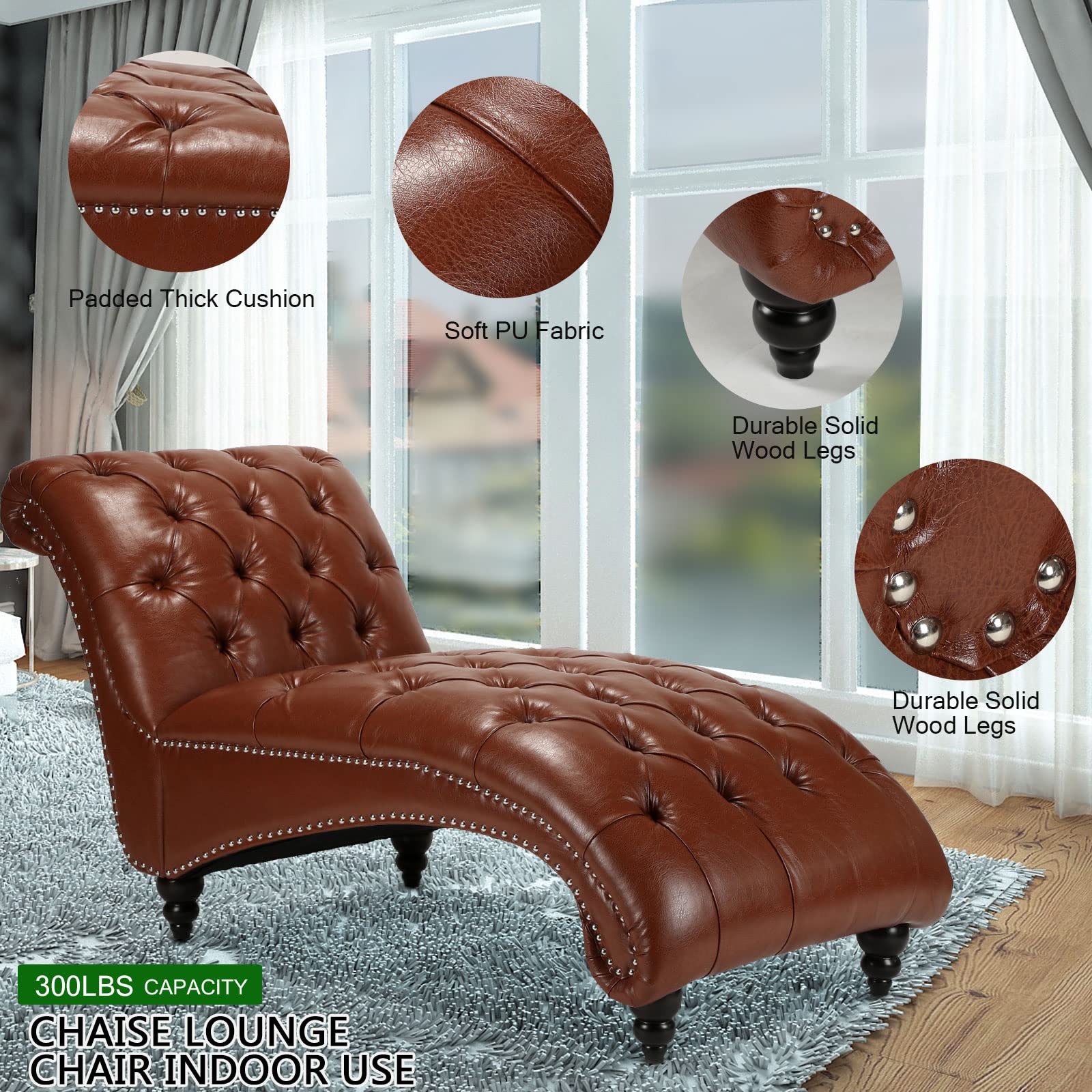 HomVent Leather Chaise Lounge Chair with Tufted Buttons - Indoor Modern Futon for Living Room, Office or Bedroom - Light Brown - Perfect for Relaxing, Reading & Small Space Decor
