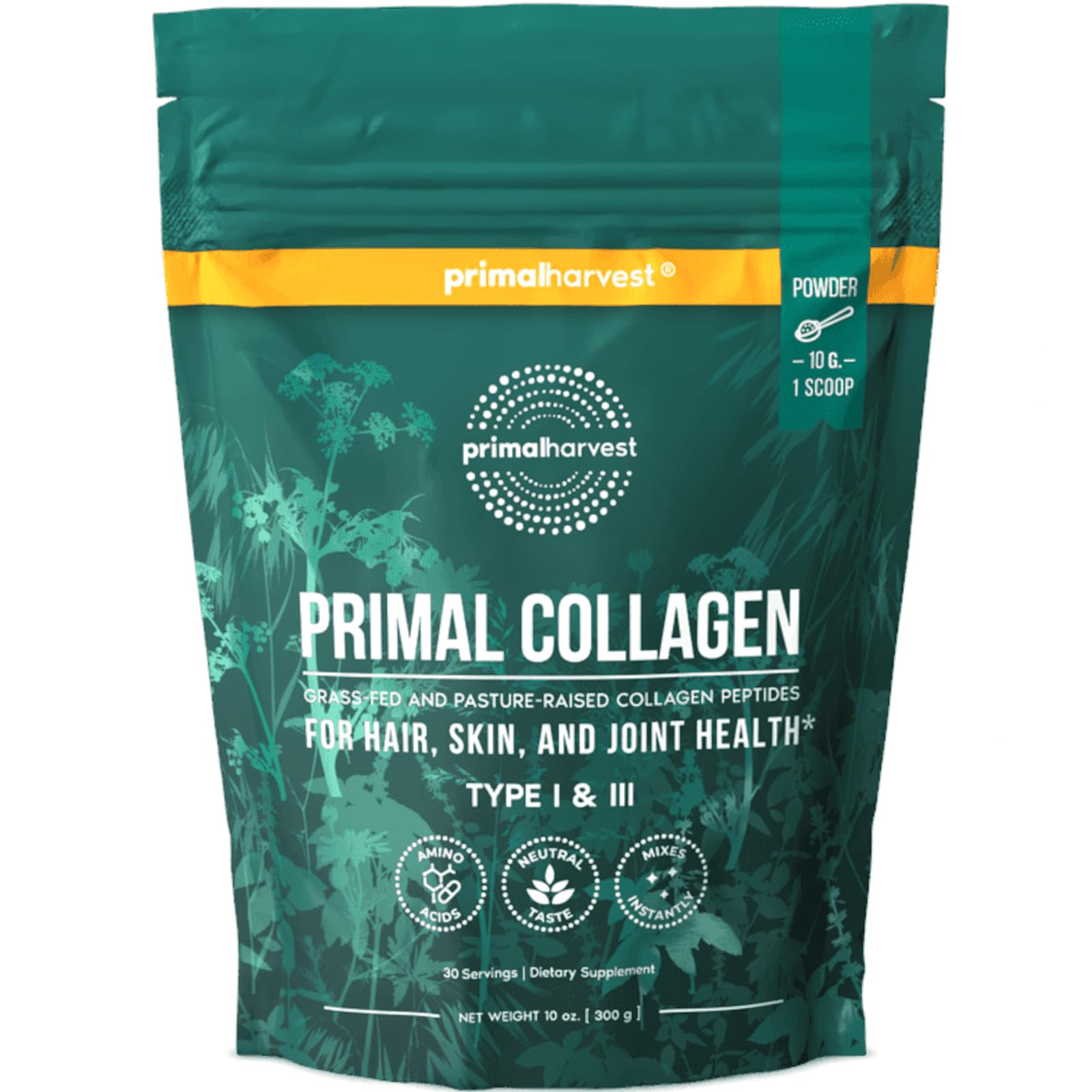 Primal Harvest Collagen Peptides Powder for Women & Men - Type I & III Hydrolyzed Collagen Protein (10oz, Unflavored) - Supports Hair Growth, Skin Elasticity & Nail Strength - Perfect for Smoothies, Coffee & Post-Workout Recovery