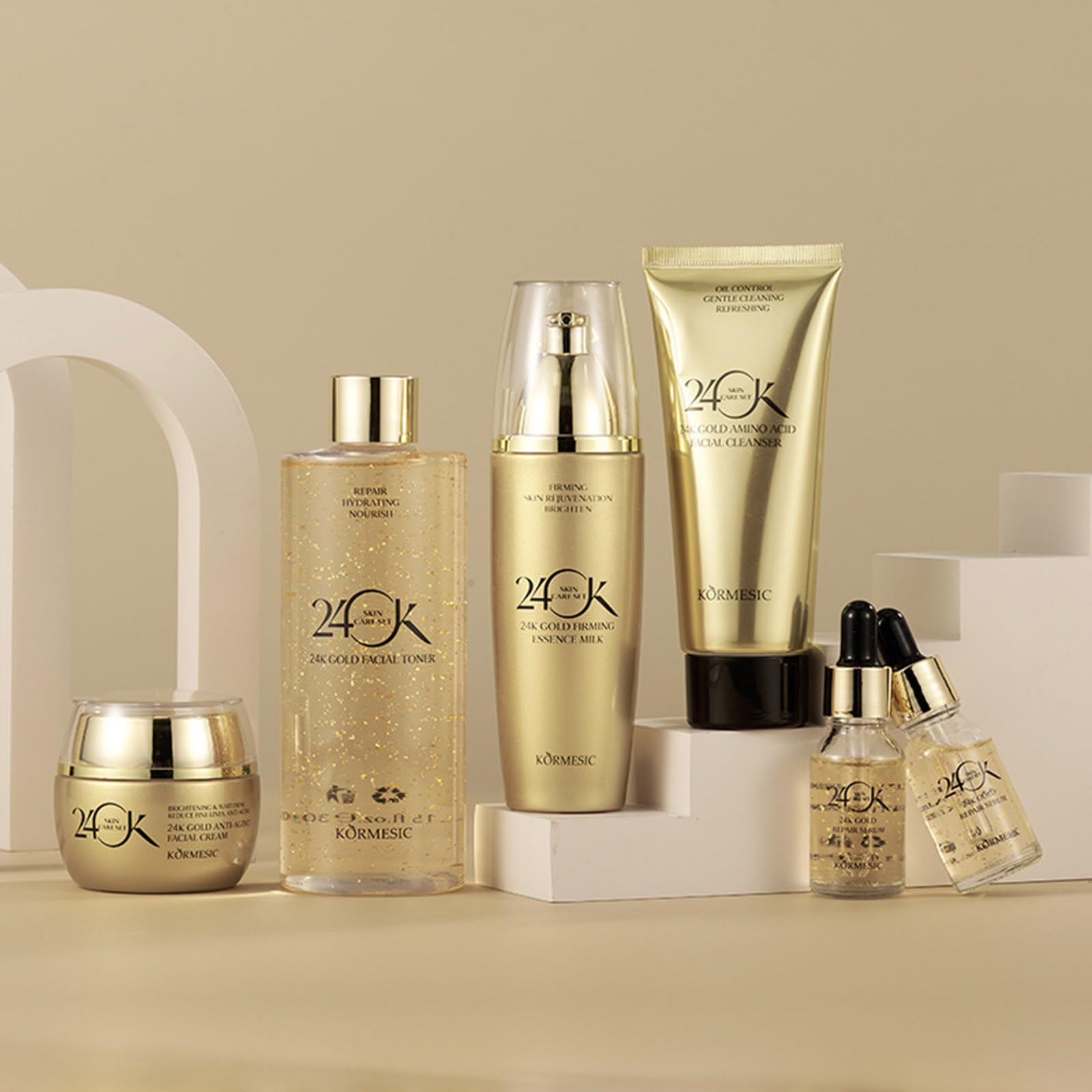 24K Gold Anti-Aging Skincare Set - 6 Piece Luxury Facial Care Kit with Cleanser, Serum (2pcs), Eye Cream, Essence Milk & Toner for Women | Hydrating, Brightening & Wrinkle Reduction | Perfect for Daily Routine & Gift Giving