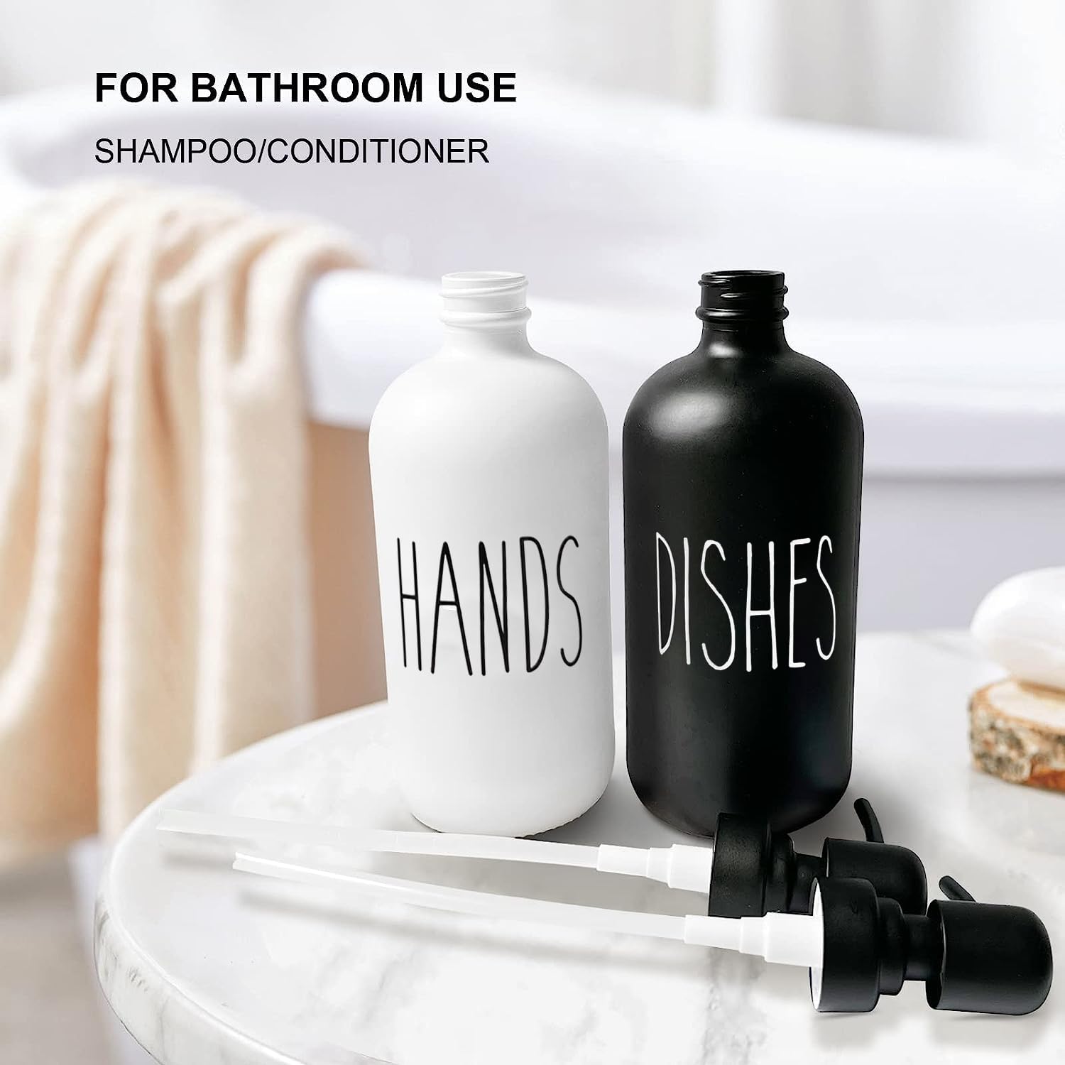 16OZ Glass Soap Dispenser 2 Pack - Stainless Steel Pump for Hand Soap & Dish Soap - Modern Kitchen & Bathroom Accessories (Black & White) - Perfect for Countertop, Sink, and Vanity Organization