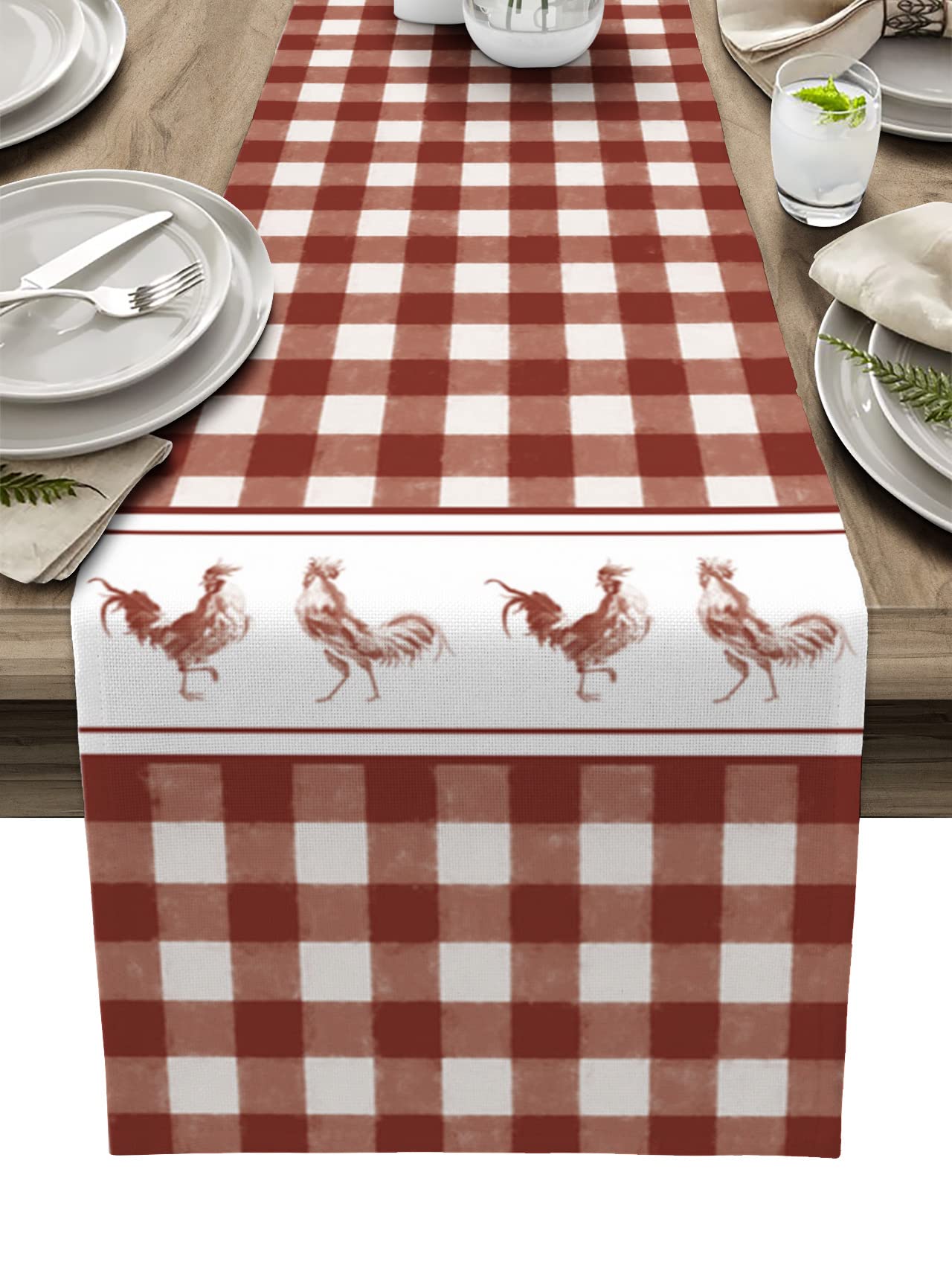 72-inch Cotton Linen Table Runner - Farmhouse Rooster Buffalo Plaid Design, Burlap Table Cloth for Dining Room, Coffee Table, Holiday Party & Wedding Decor - Watercolor Red Pattern - Perfect for Rustic, Vintage & Country Style Home Decor