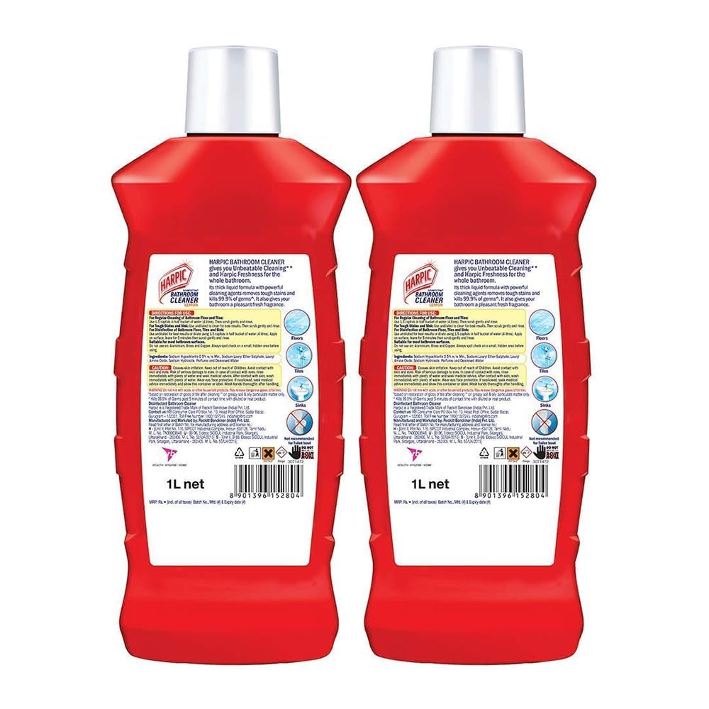 Harpic Lemon Bathroom Cleaner Liquid - 1 Litre (Pack of 2) | Thick Formula for Floors & Tiles | Powerful Toilet & Bathroom Cleaning | Fresh Lemon Scent for Sparkling Clean Home