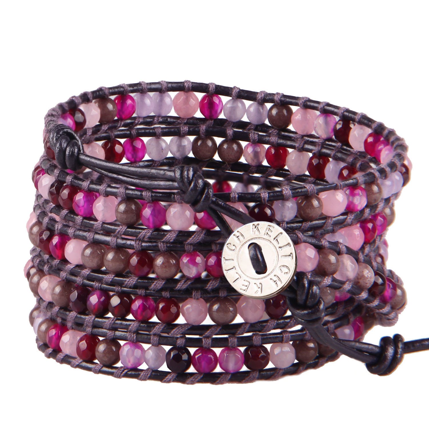 KELITCH Boho Leather Wrap Bracelet for Women - Brown 5 Strand with Mixed Purple Agate Beads, Adjustable Cuff Bangle | Perfect for Festival, Beach & Everyday Boho Chic Style
