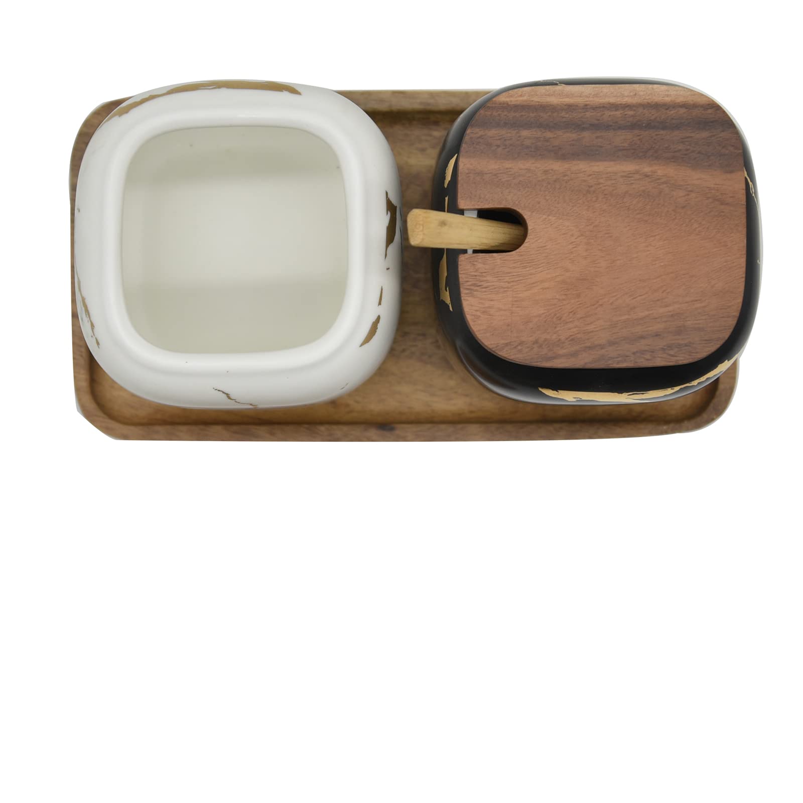2 Sets Marble Ceramic Seasoning Jars with Lids - Sugar Bowl, Tray & Spoons Set (Black & White) for Kitchen Countertop, Dining Table & Coffee Bar Decor