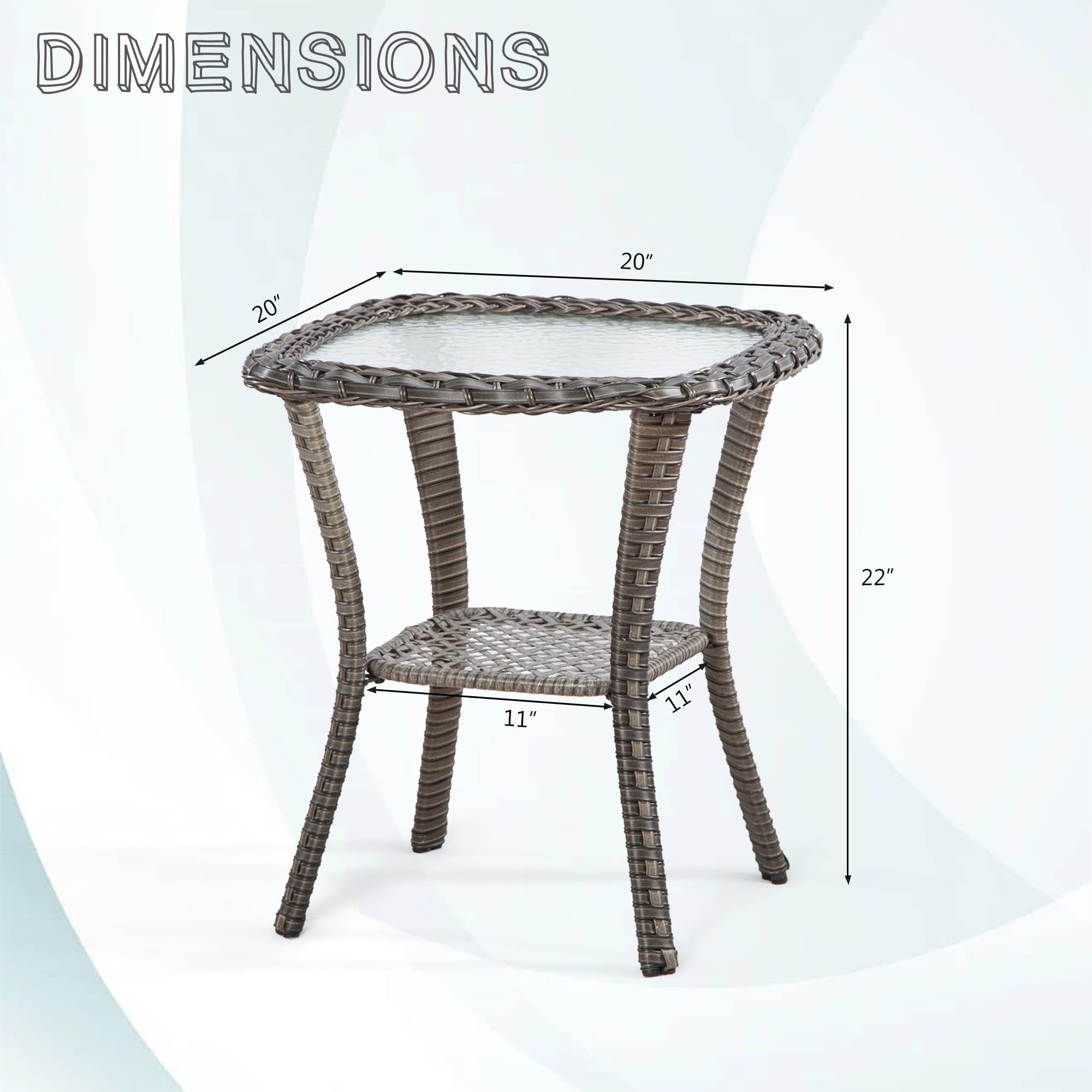 Joyside 20x20x22 Inch Brown Wicker Outdoor Side Table with 5 Inch Tempered Glass Top and Storage Shelf - Perfect Patio Coffee Table for Garden, Poolside, and Outdoor Furniture Sets