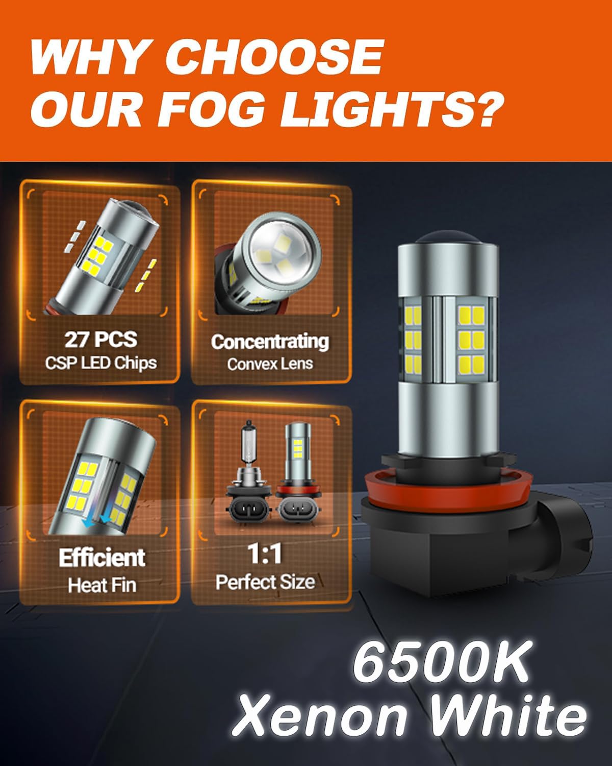 SEALIGHT H11 H16 H8 LED Fog Light Bulbs - 360° Full Illumination, 6500K Cool White, 54 PCS H16 H8 LED Bulbs for Cars, Trucks & SUVs - Non-Polarity, Plug & Play (Pack of 2) - Perfect for Night Driving, Off-Road Adventures & Foggy Conditions