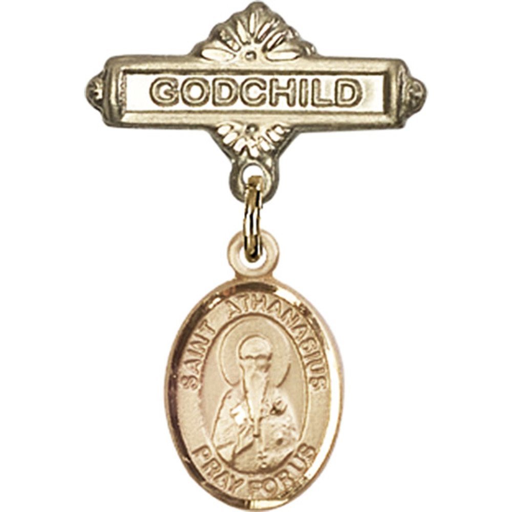 Gold Filled Baby Badge with St. Athanasius Charm & Godchild Pin - 1 X 5/8 Inch Religious Jewelry for Christening, Baptism Gifts & Baby Blessings