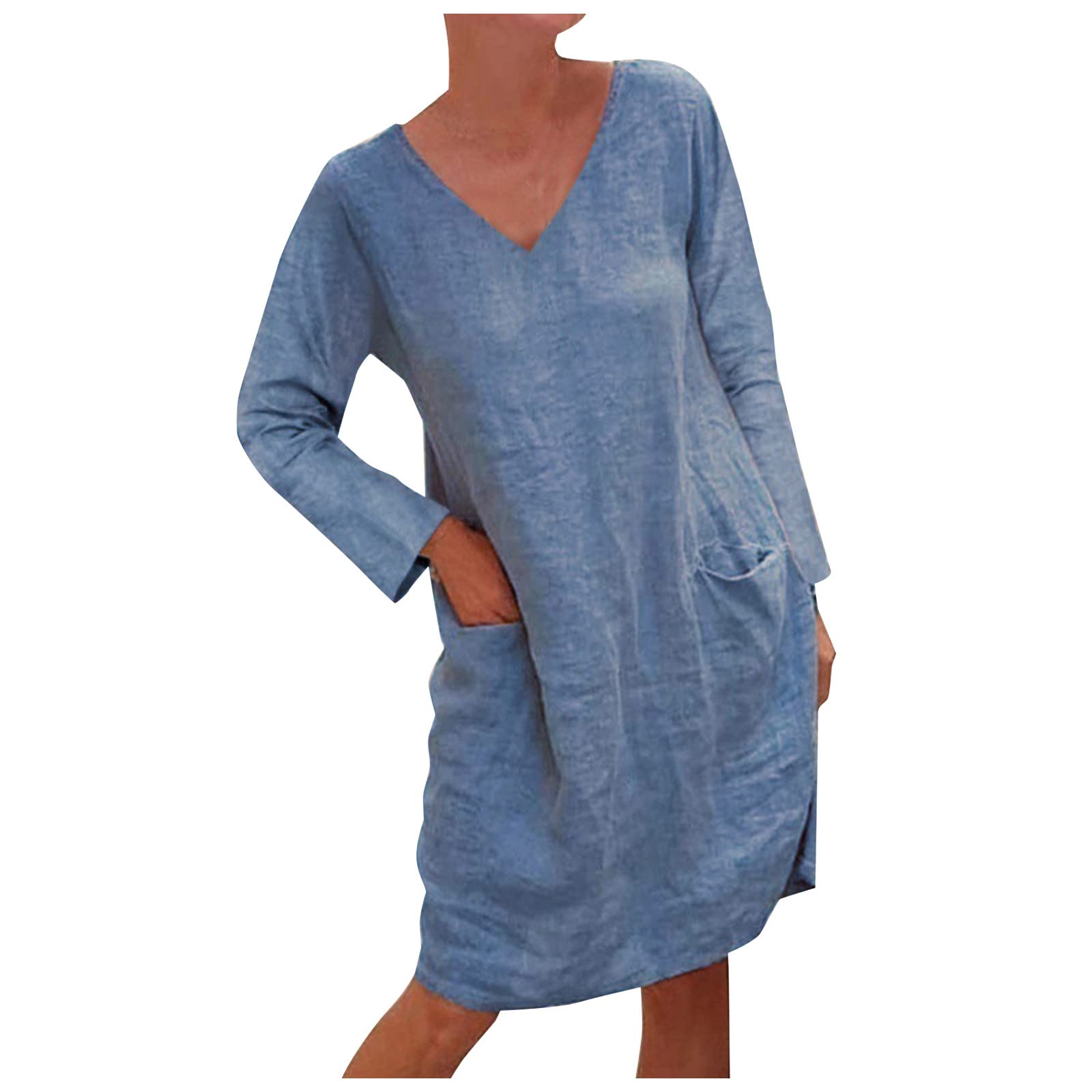 Women's V-Neck Long Sleeve Cotton Linen T-Shirt Dress - Solid Color Casual Loose Flowy Beach Dress for Summer, Travel, and Everyday Wear
