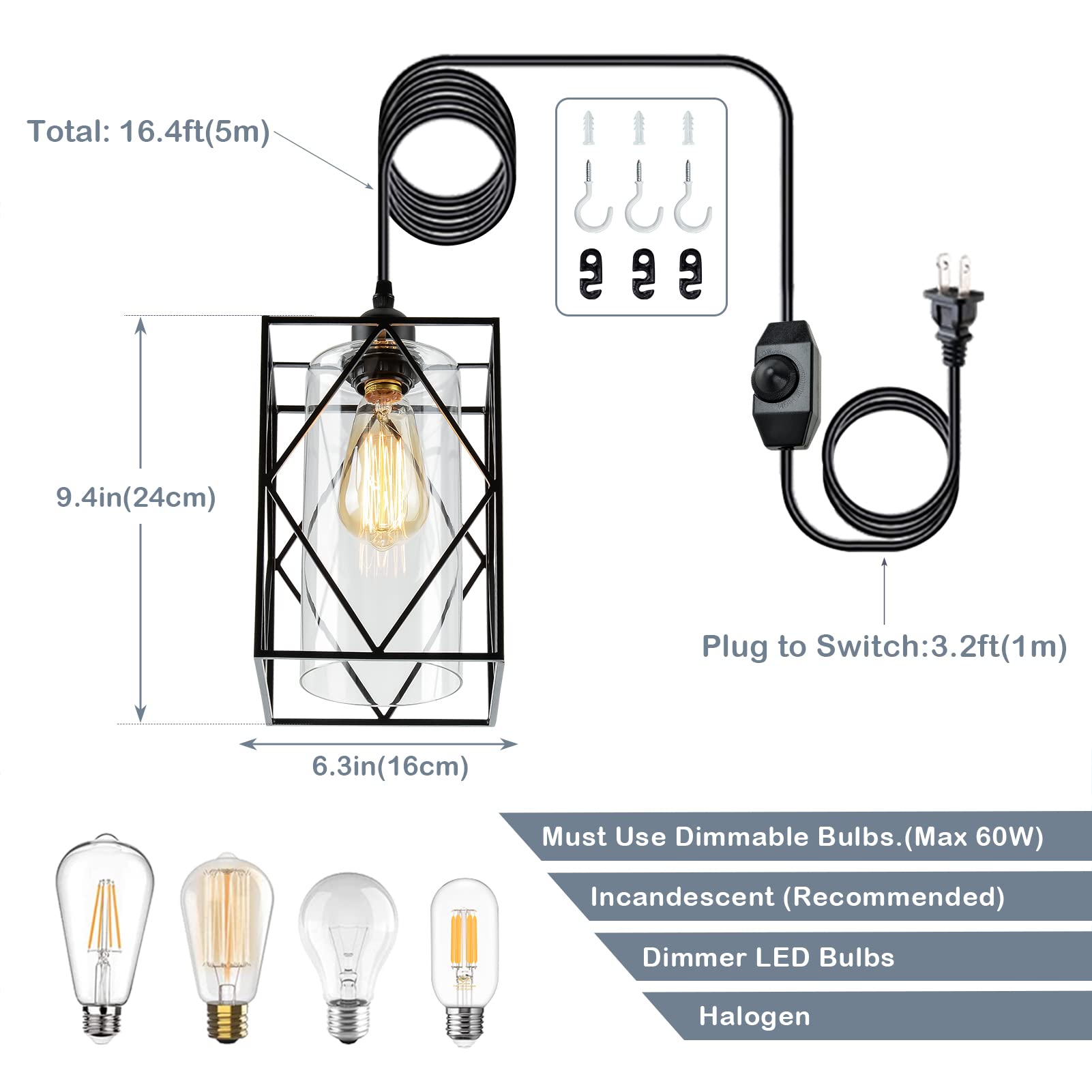 Farmhouse Plug-in Pendant Light with Dimmer - Outdoor/Indoor Hanging Light for Kitchen, Porch & Bedroom