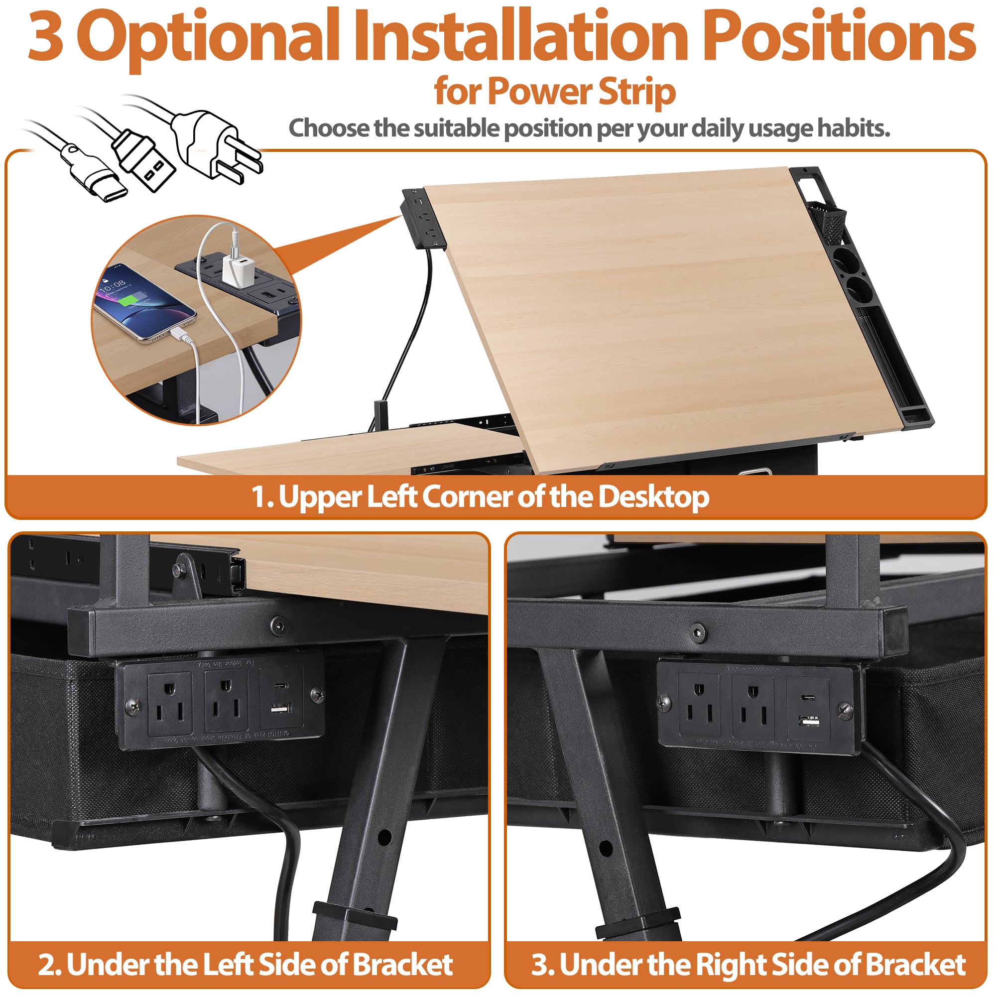 Adjustable Drafting Table Set with Power Outlet & Tilting Drawing Desk - Multifunctional Artist Workstation with Stool & 2 Storage Drawers for Home Office, School | Perfect for Sketching, Crafting & Architectural Design