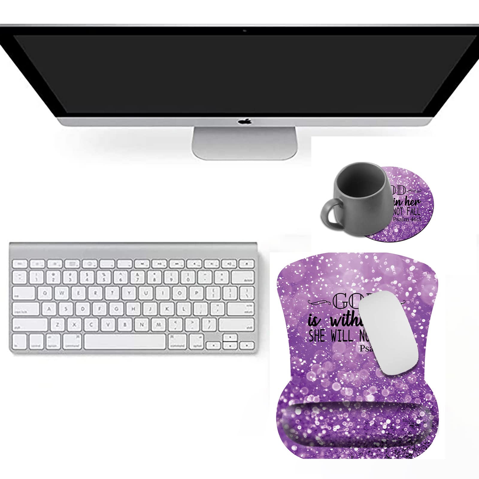 Ergonomic Mouse Pad with Wrist Support - Comfortable Gel Mouse Pad with Wrist Rest for Pain Relief, Non-Slip Rubber Base for Office & Home Use - Includes Free Cup Coaster (Purple, Psalm 46-5) - Perfect for Long Work Hours, Gaming, and Computer Use