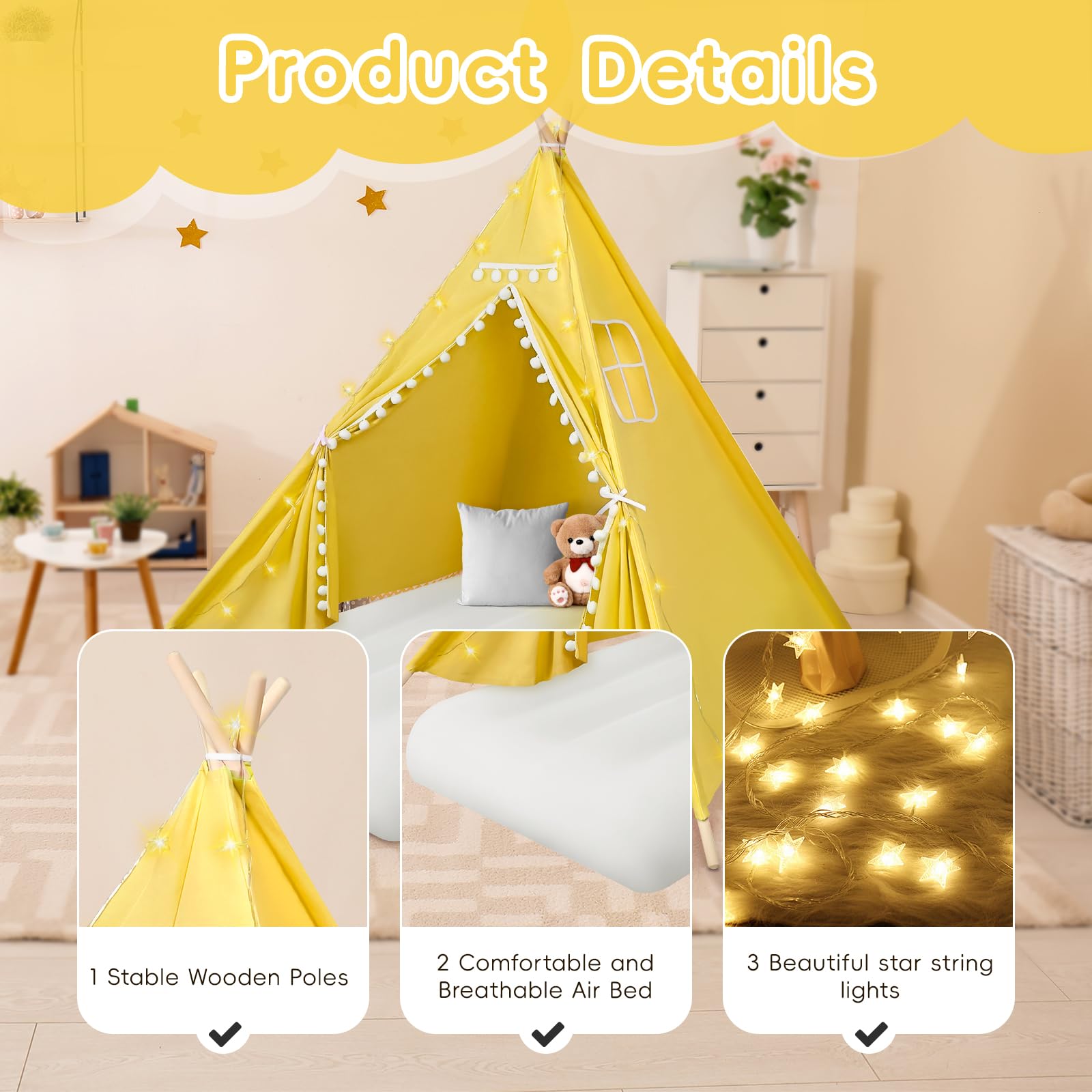 4 Pack Kids Teepee Tent with LED Lights & Inflatable Air Mattress - Play Tents for Boys & Girls, Includes Free Air Pump, Washable for Indoor/Outdoor Use - Perfect for Slumber Parties, Birthday Gifts & Backyard Camping (Yellow)