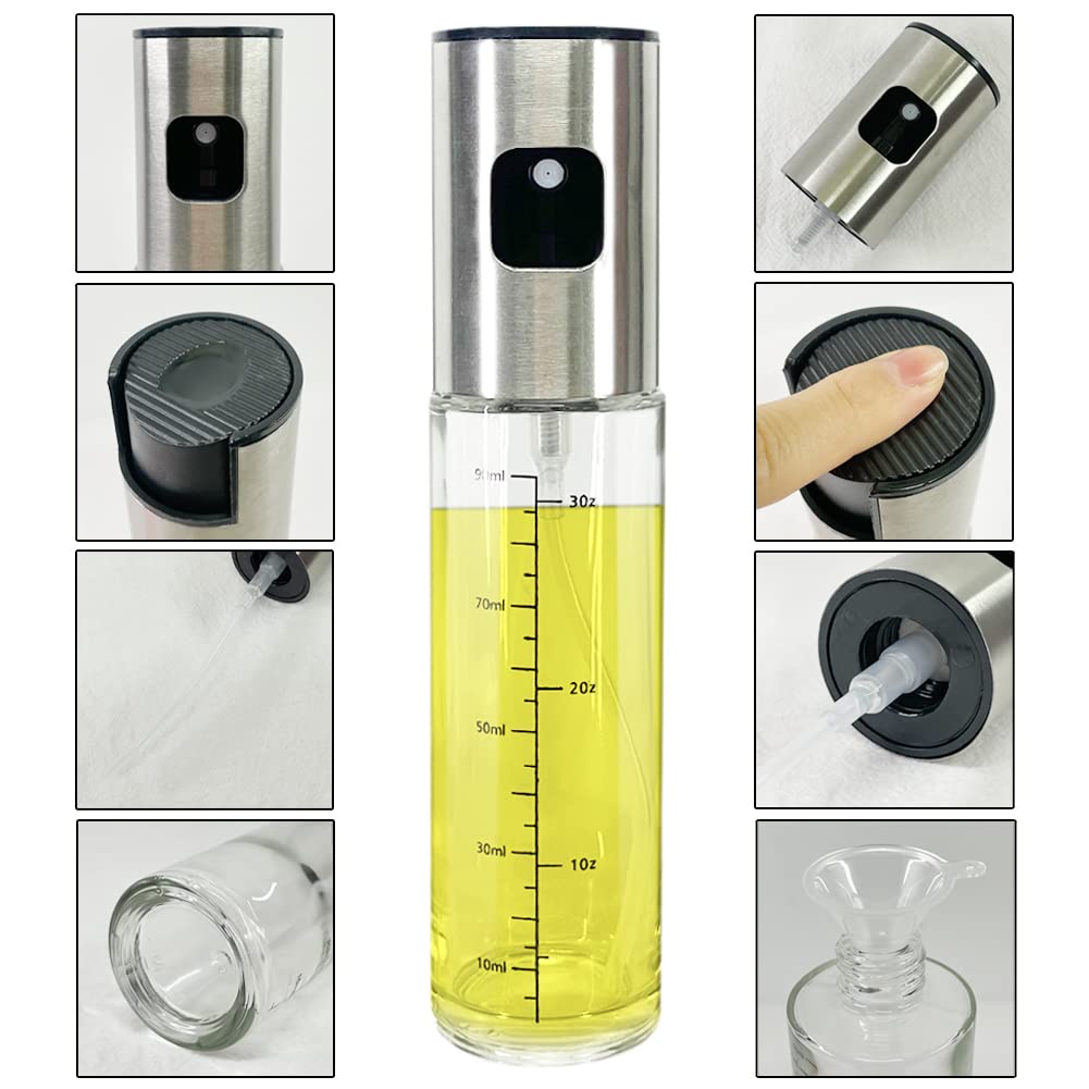 YAOTROOP 100ml Glass Oil Spray Bottle - Olive Oil Dispenser with Brush for Cooking, Grilling, Baking & Salad Dressing | Portable Vinegar Sprayer for Kitchen, BBQ, Air Fryer & Roasting | Perfect for Healthy Cooking & Meal Prep