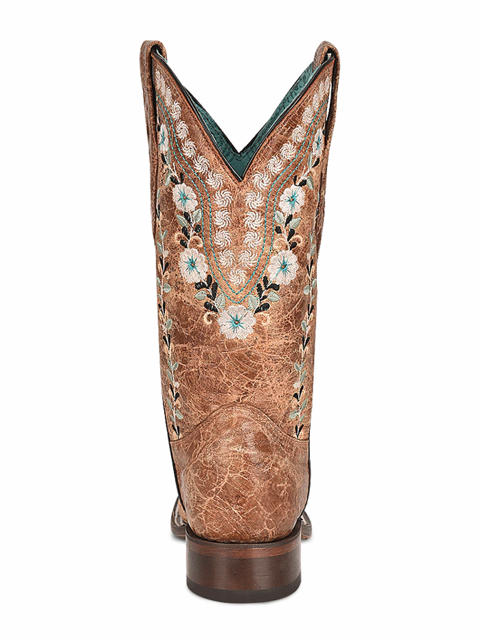 Corral A4398 Women's Floral Embroidery Western Boots - Distressed Cognac Square Toe Cowgirl Boots for Rodeo, Country Dancing & Western Fashion