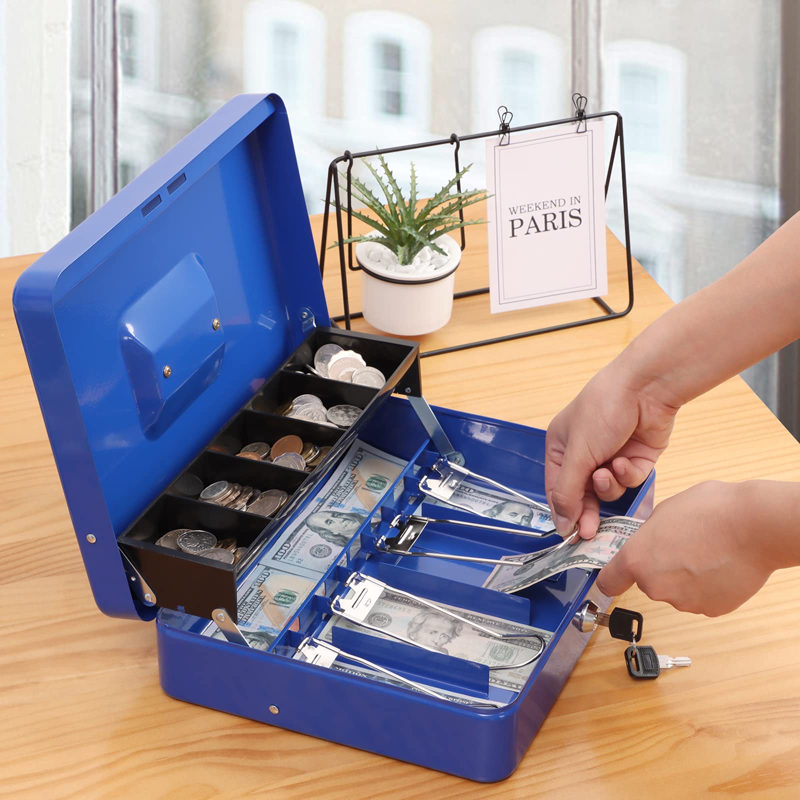 XYDLED Metal Cash Box with Money Tray & Key Lock - Secure Storage Box with 4 Bill & 5 Coin Slots - 11.8
