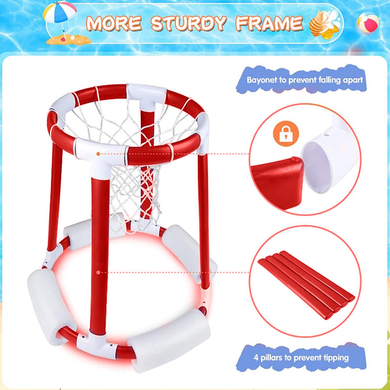 Floating Pool Basketball Hoop - Kids Water Basketball Game Set with 2 Balls & Air Pump - Fun Outdoor Summer Pool Toy for Kids and Adults - Perfect for Backyard, Beach, and Swimming Pool Parties
