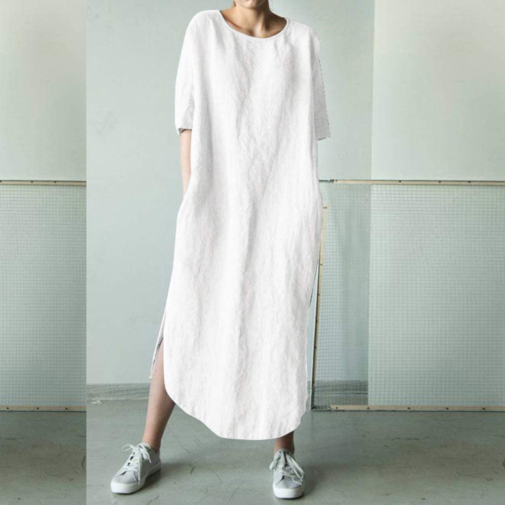 Women's Cotton Linen Maxi Dress - Summer Plus Size Short Sleeve Crew Neck Loose Kaftan Dress with Pockets | Beach Cover Up, Casual Outfit & Vacation Wear