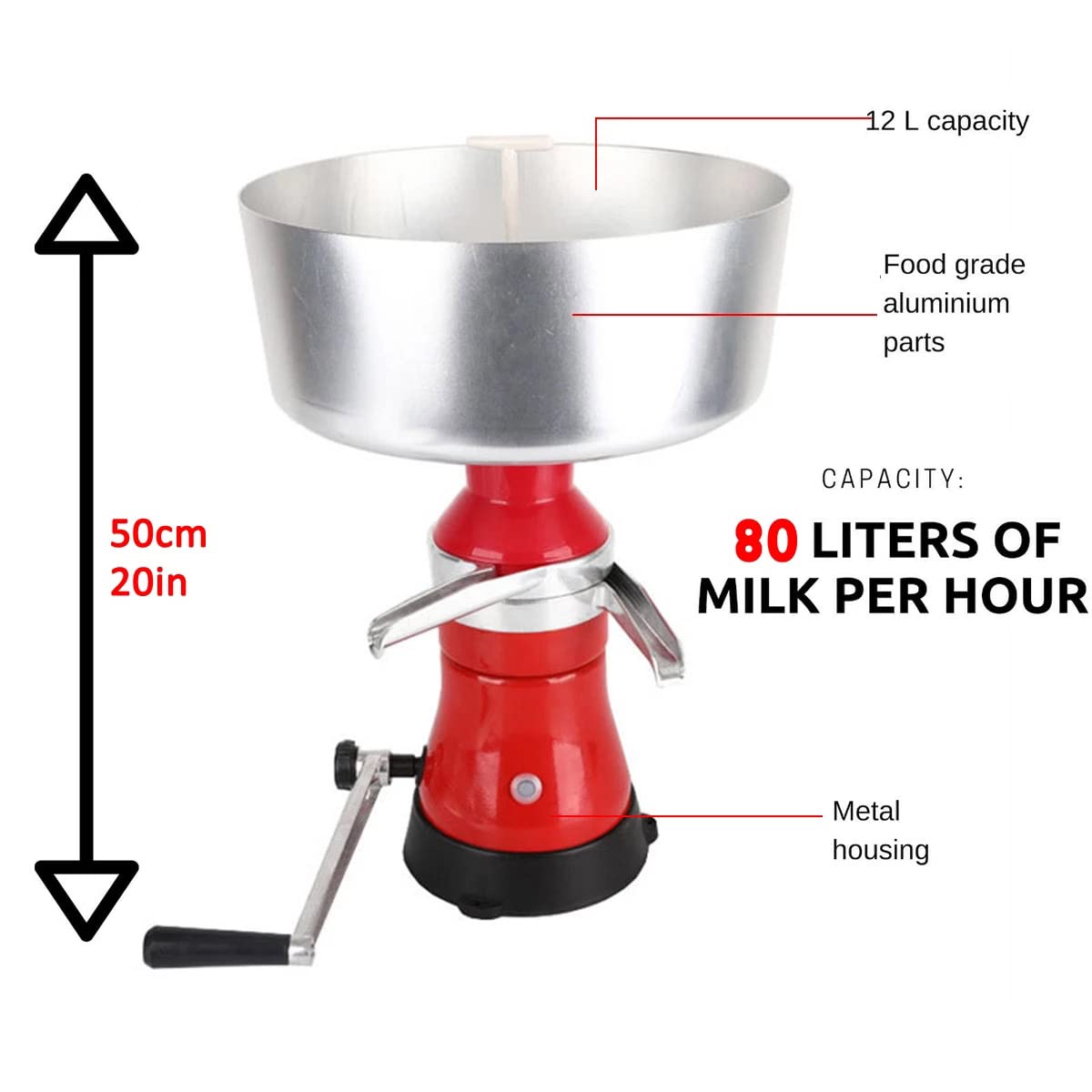 12L Manual Cream Centrifuge Separator - Adjustable Speed Fresh Milk Skimmer for Camel, Goat & Cow Milk | Perfect for Homemade Cheese, Yogurt & Dairy Processing